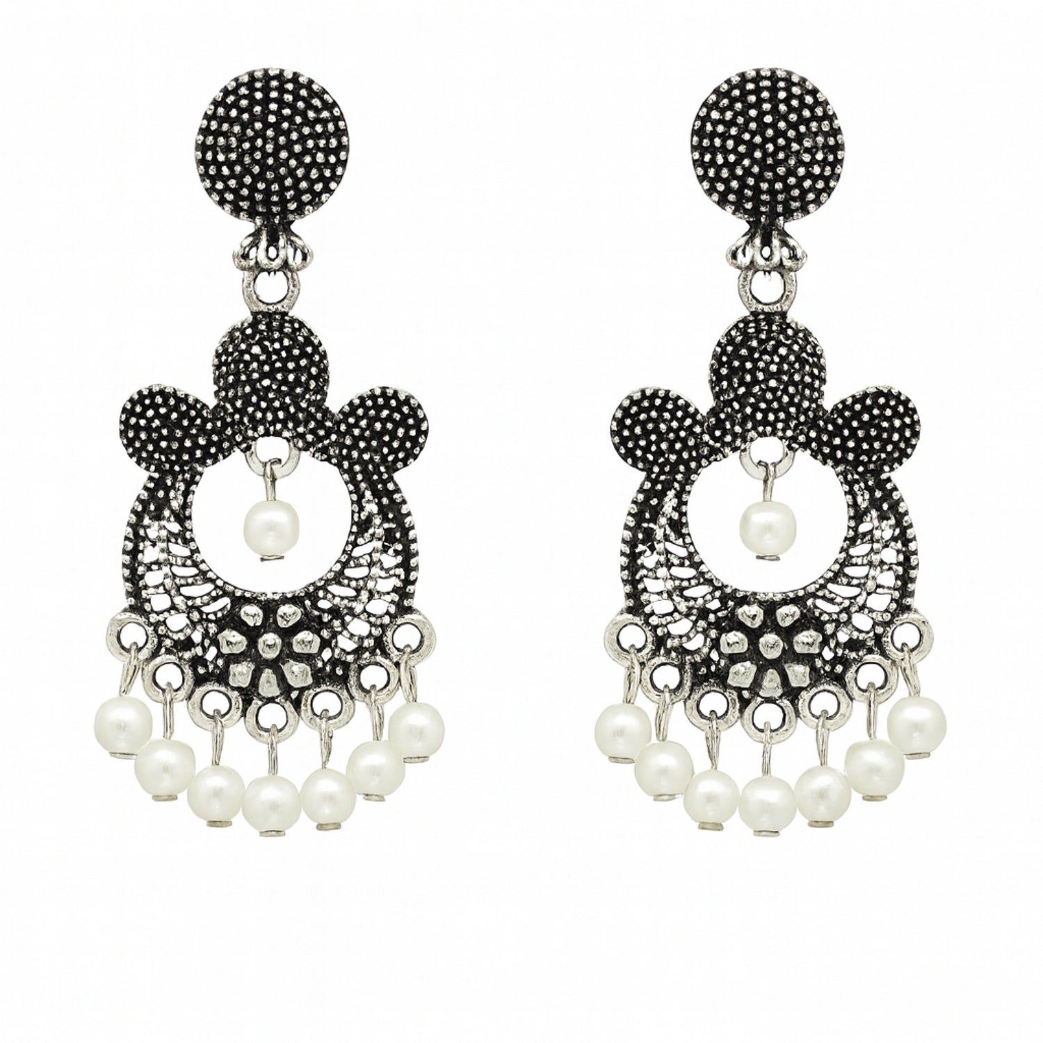 Oxidized Silver Traditional Dangle Earrings for Women & Girls | Antique Finish Earrings with Pearl Drops | Ethnic Party & Festive Jewellery