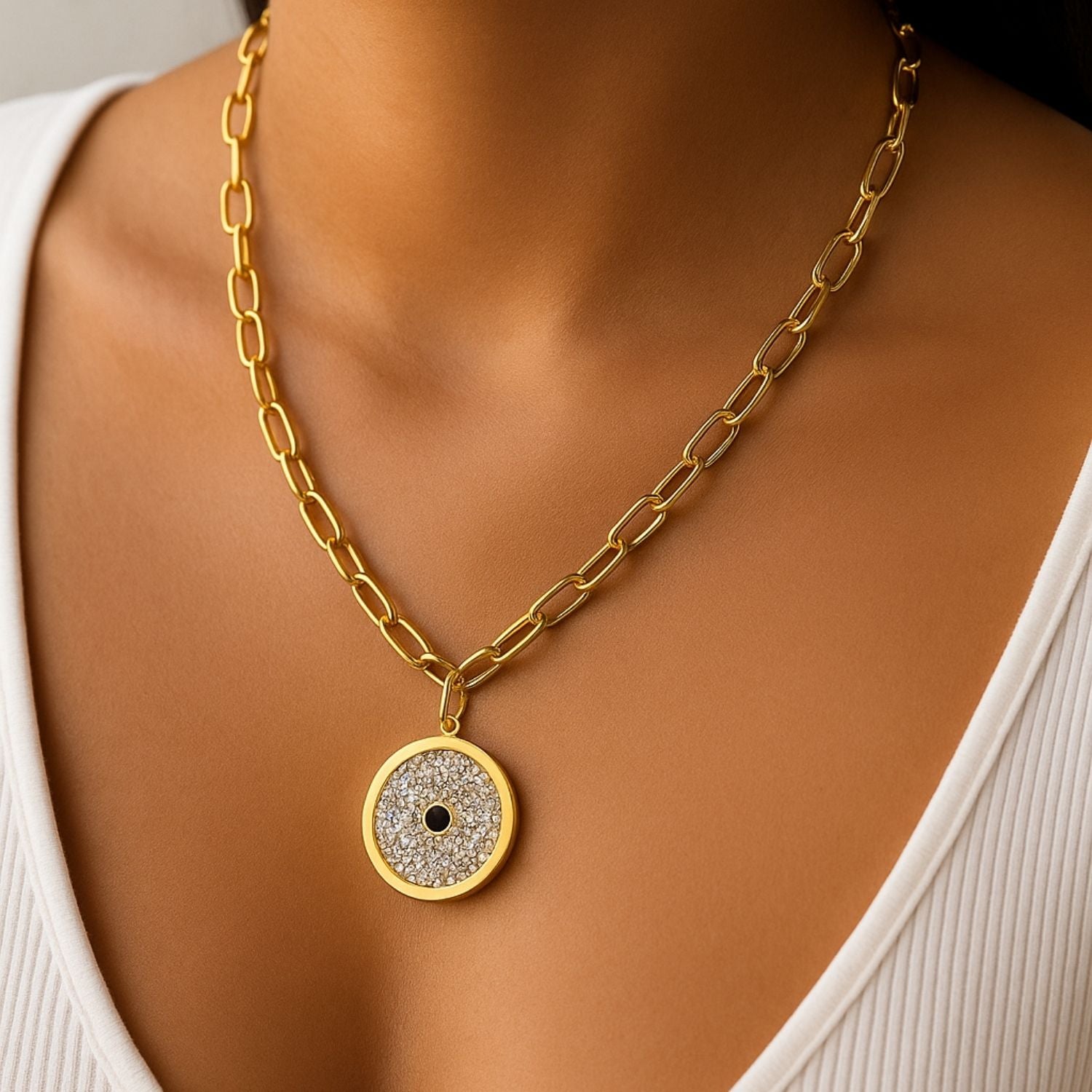 Premium Gold Round Disc Pendant Necklace with Crystals