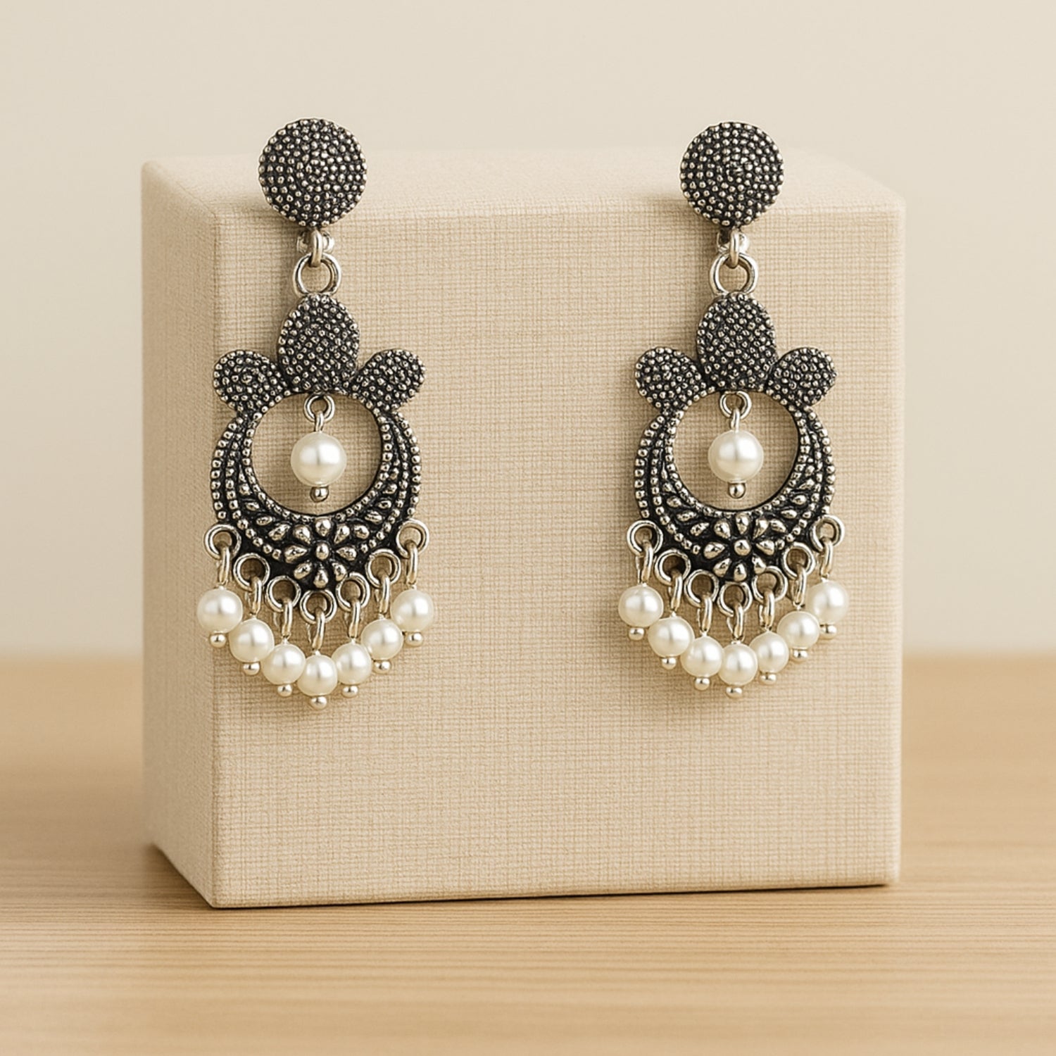 Oxidized Silver Traditional Dangle Earrings for Women & Girls | Antique Finish Earrings with Pearl Drops | Ethnic Party & Festive Jewellery