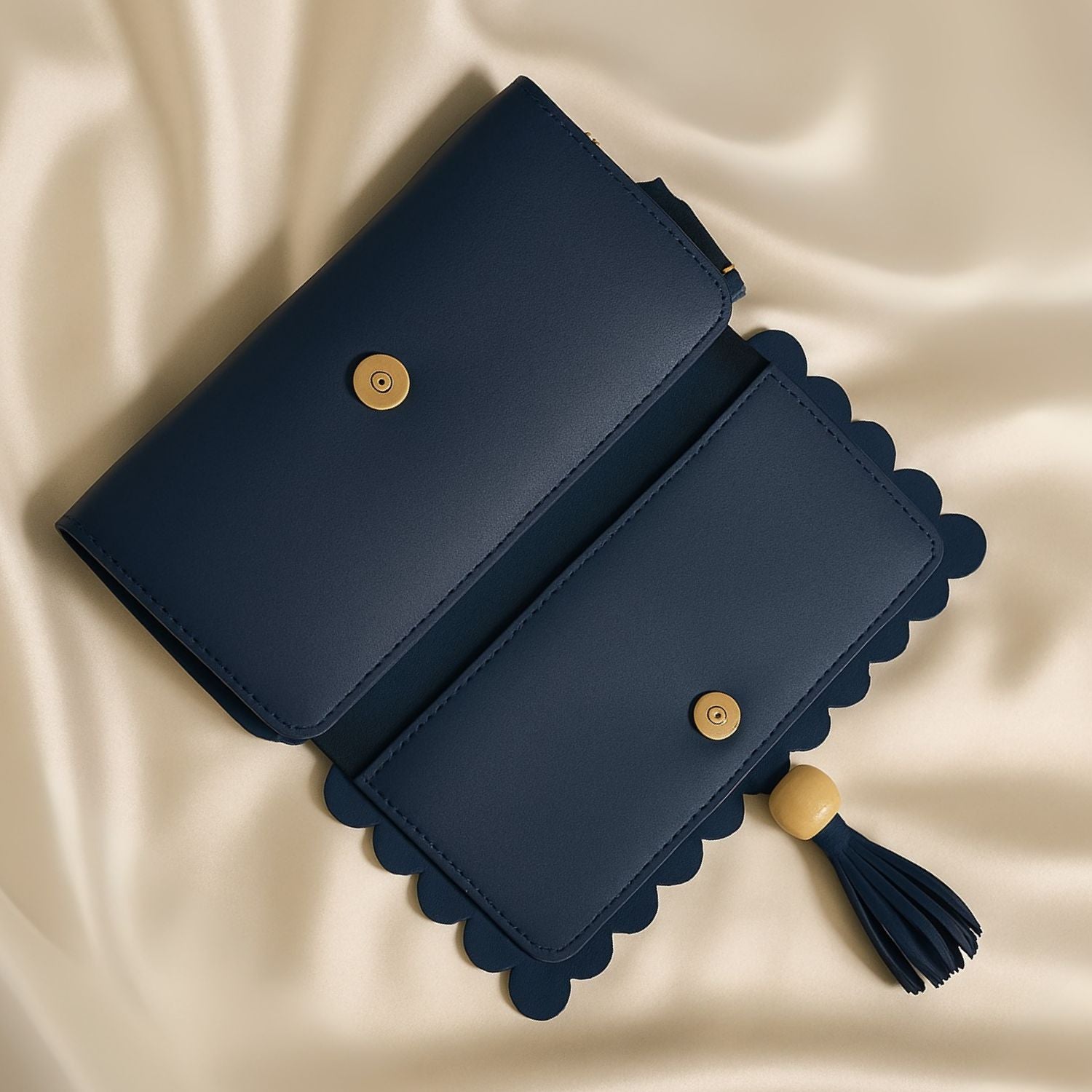 Women’s Scallop-Edge Long Wallet – PU Leather Clutch with Tassel Charm, Zip-Around Compartment, ID Window & 8+ Card Slots (Navy Blue)