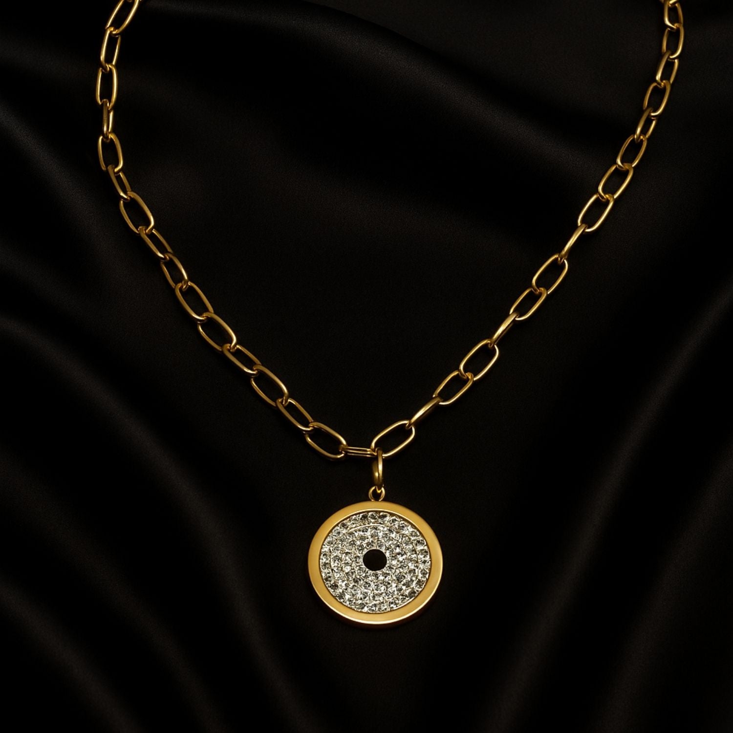 Premium Gold Round Disc Pendant Necklace with Crystals