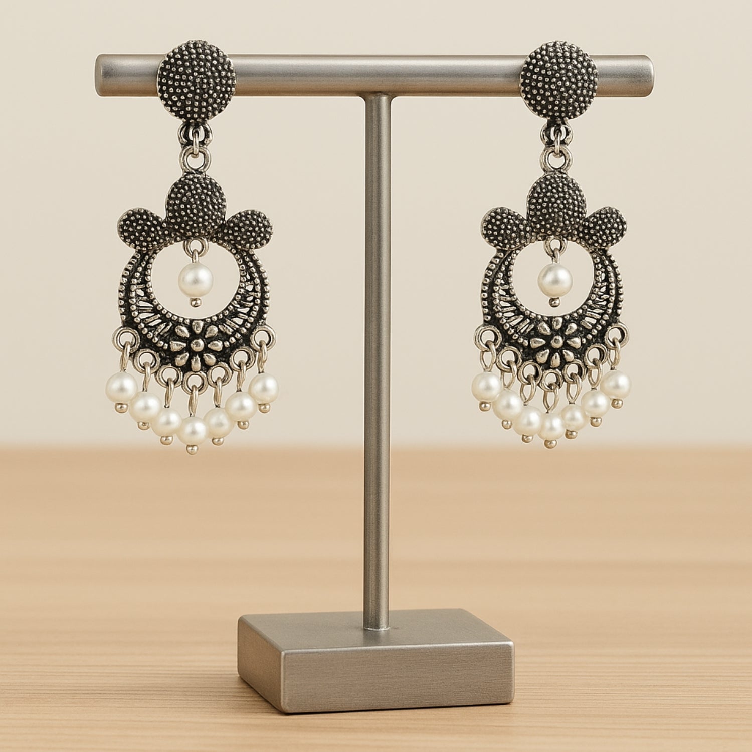 Oxidized Silver Traditional Dangle Earrings for Women & Girls | Antique Finish Earrings with Pearl Drops | Ethnic Party & Festive Jewellery