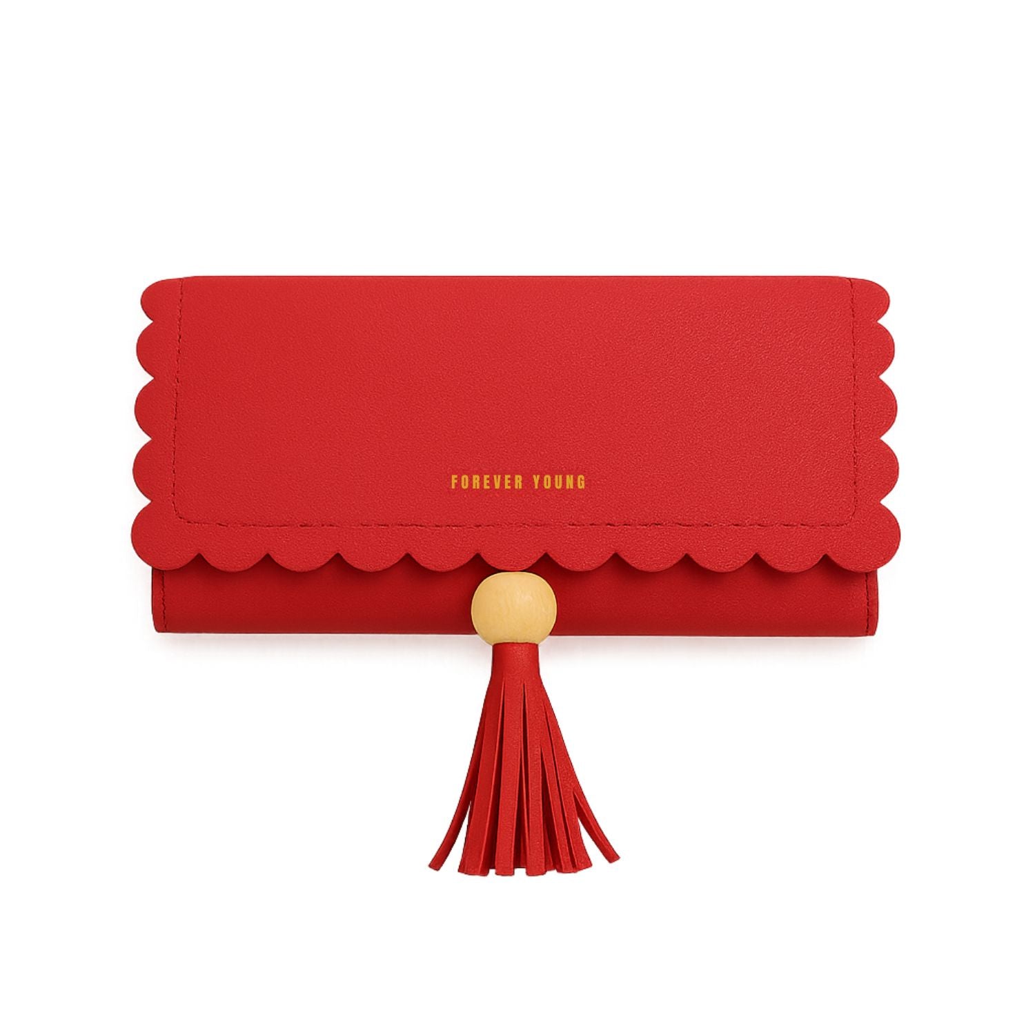 Women’s Scallop-Edge Long Wallet – PU Leather Clutch with Tassel Charm, Zip-Around Compartment, ID Window & 8+ Card Slots (Navy Blue)