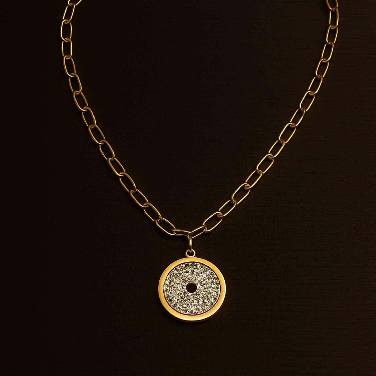 Premium Gold Round Disc Pendant Necklace with Crystals