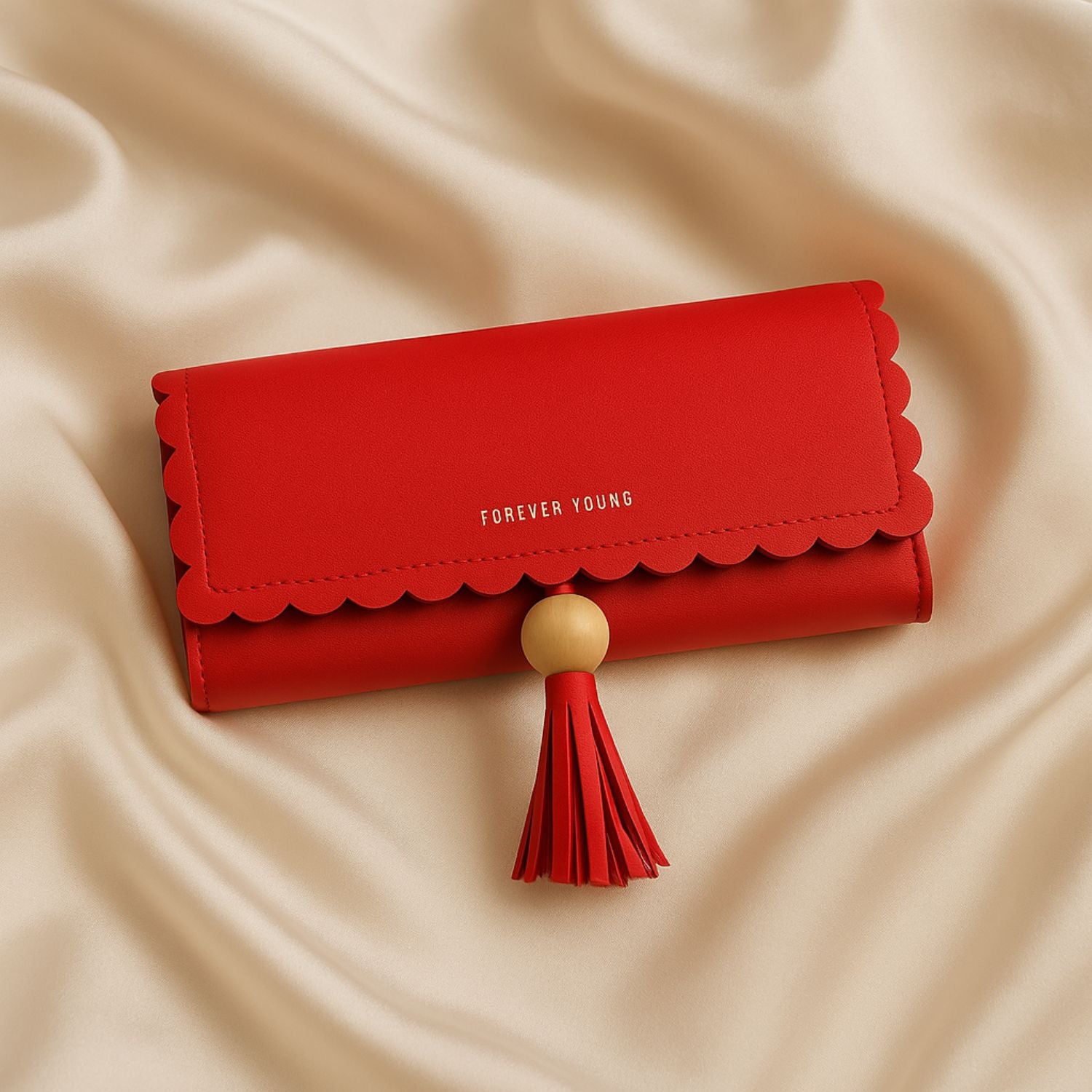 Women’s Scallop-Edge Long Wallet – PU Leather Clutch with Tassel Charm, Zip-Around Compartment, ID Window & 8+ Card Slots (Navy Blue)