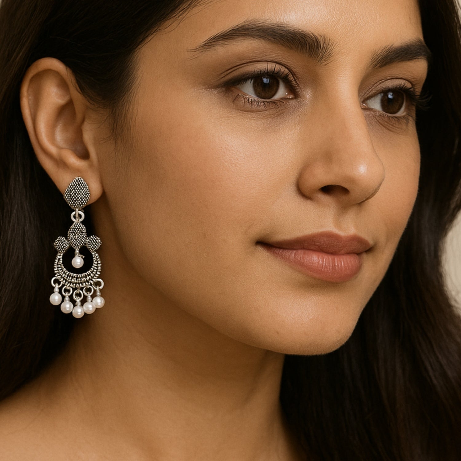 Oxidized Silver Traditional Dangle Earrings for Women & Girls | Antique Finish Earrings with Pearl Drops | Ethnic Party & Festive Jewellery