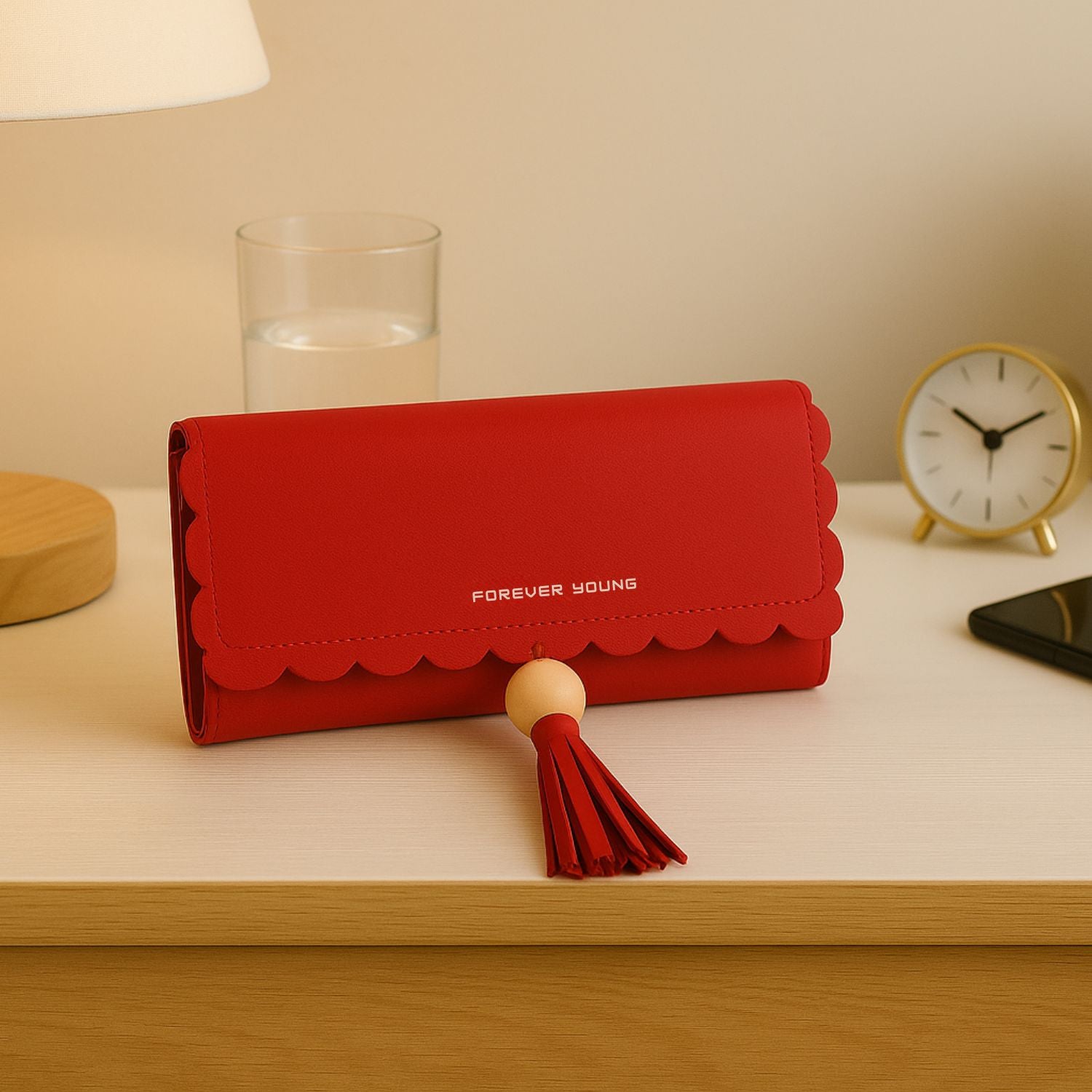 Women’s Scallop-Edge Long Wallet – PU Leather Clutch with Tassel Charm, Zip-Around Compartment, ID Window & 8+ Card Slots (Navy Blue)