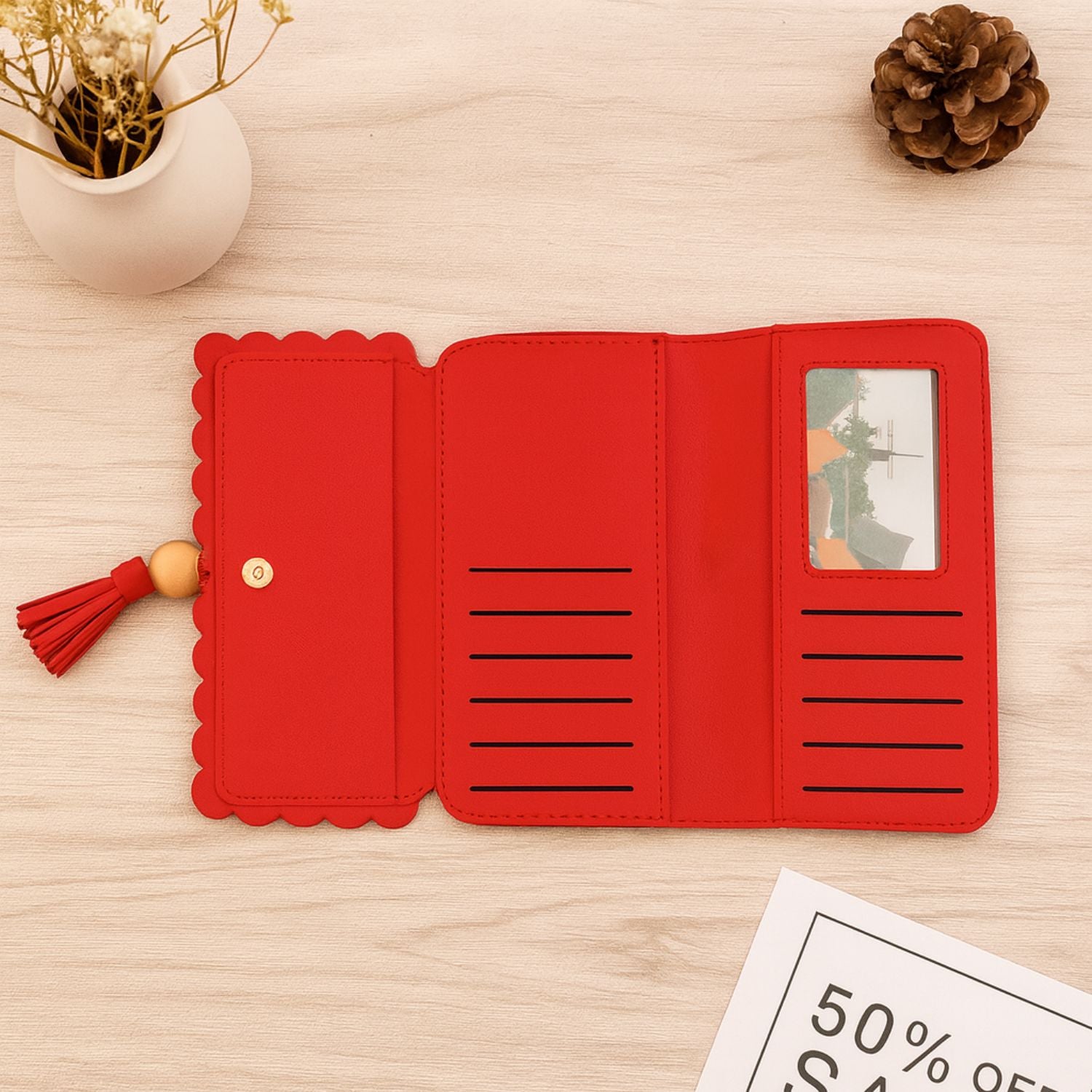 Women’s Scallop-Edge Long Wallet – PU Leather Clutch with Tassel Charm, Zip-Around Compartment, ID Window & 8+ Card Slots (Navy Blue)