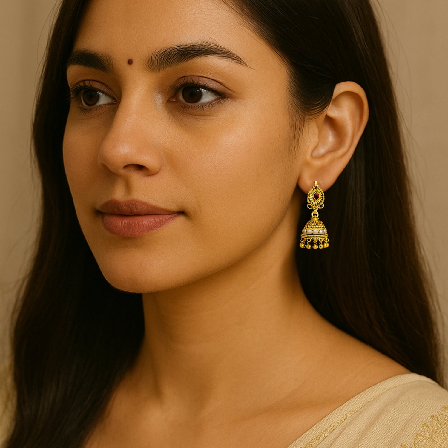 Traditional Golden (Mini) Jhumka Earrings for Women & Girls | Antique Temple Design With Red & Green Stones | Festive Wedding Ethnic Indian Jewellery | Anti-Tarnish