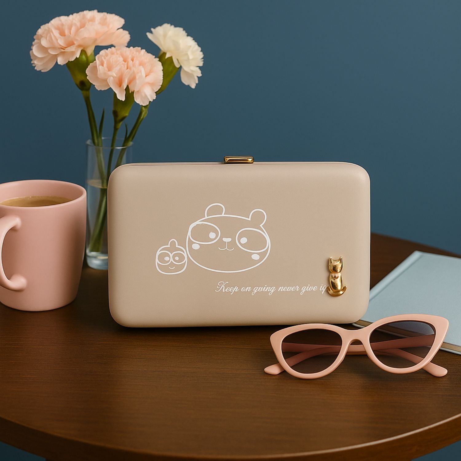 Women’s PU Leather Clutch Wallet with Phone Holder, Card Slots & ID Window – Cartoon Print, Metal Frame, Snap Closure – Stylish Hand Purse for Girls/Ladies (Beige/Pink)