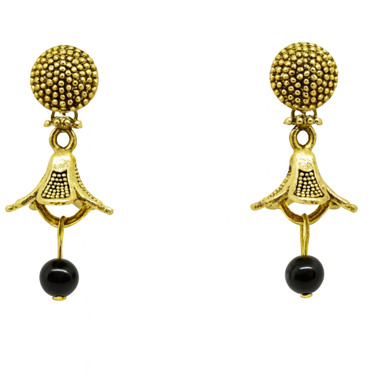 Gold-Tone Floral Dangle Earrings for Women & Girls | Traditional Drop Earrings with Black Bead | Lightweight Daily & Festive Wear Jewellery
