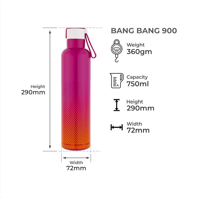 Dubblin Bang Bang Stainless Steel Double Wall Vacuum Insulated BPA Free Water Bottle with Anti Skid Bottom & Leak Proof Lid, Sports Thermos Flask Keeps Hot 12 Hours, Cold 24 Hours(900ml)
