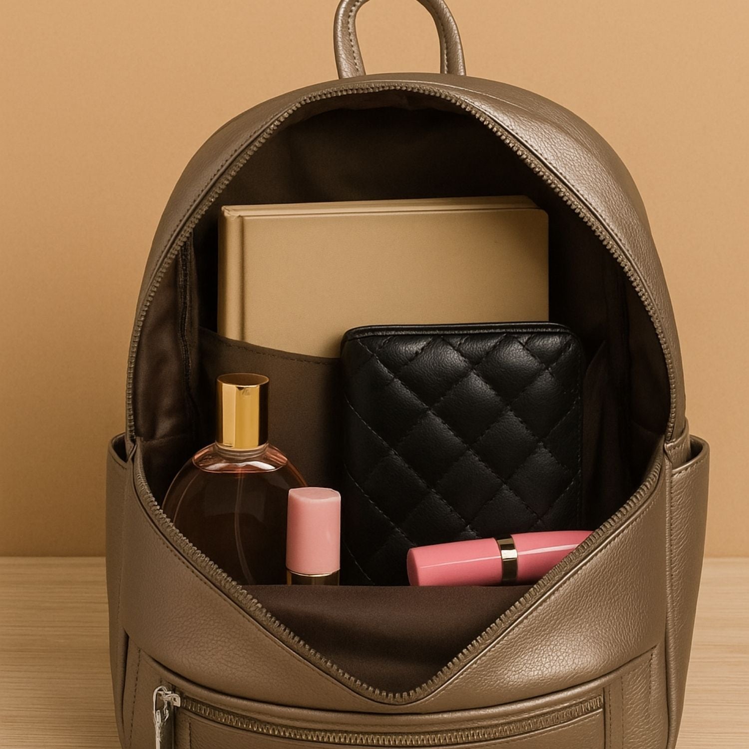 Elegant Taupe Faux-Leather Women’s Backpack – Chic & Functional Everyday Bag