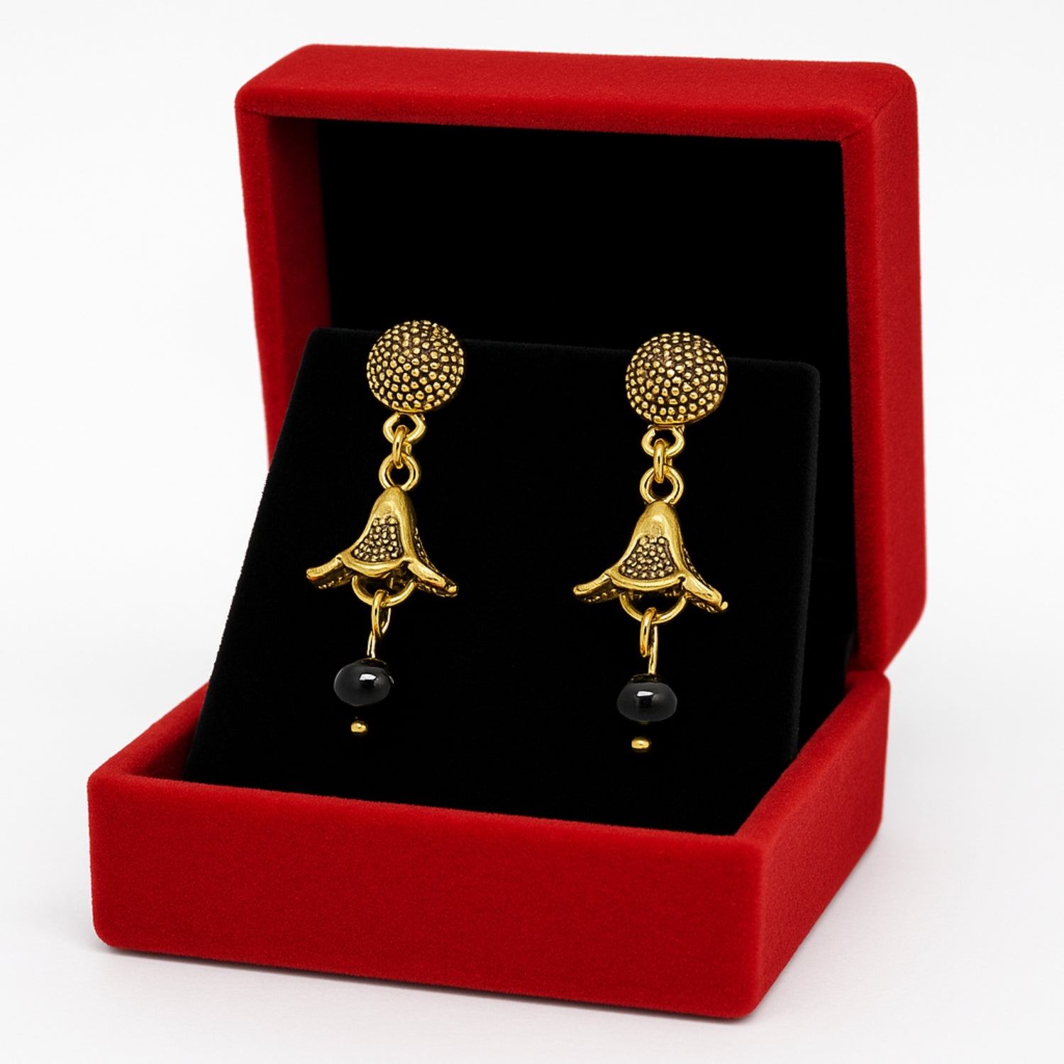 Gold-Tone Floral Dangle Earrings for Women & Girls | Traditional Drop Earrings with Black Bead | Lightweight Daily & Festive Wear Jewellery