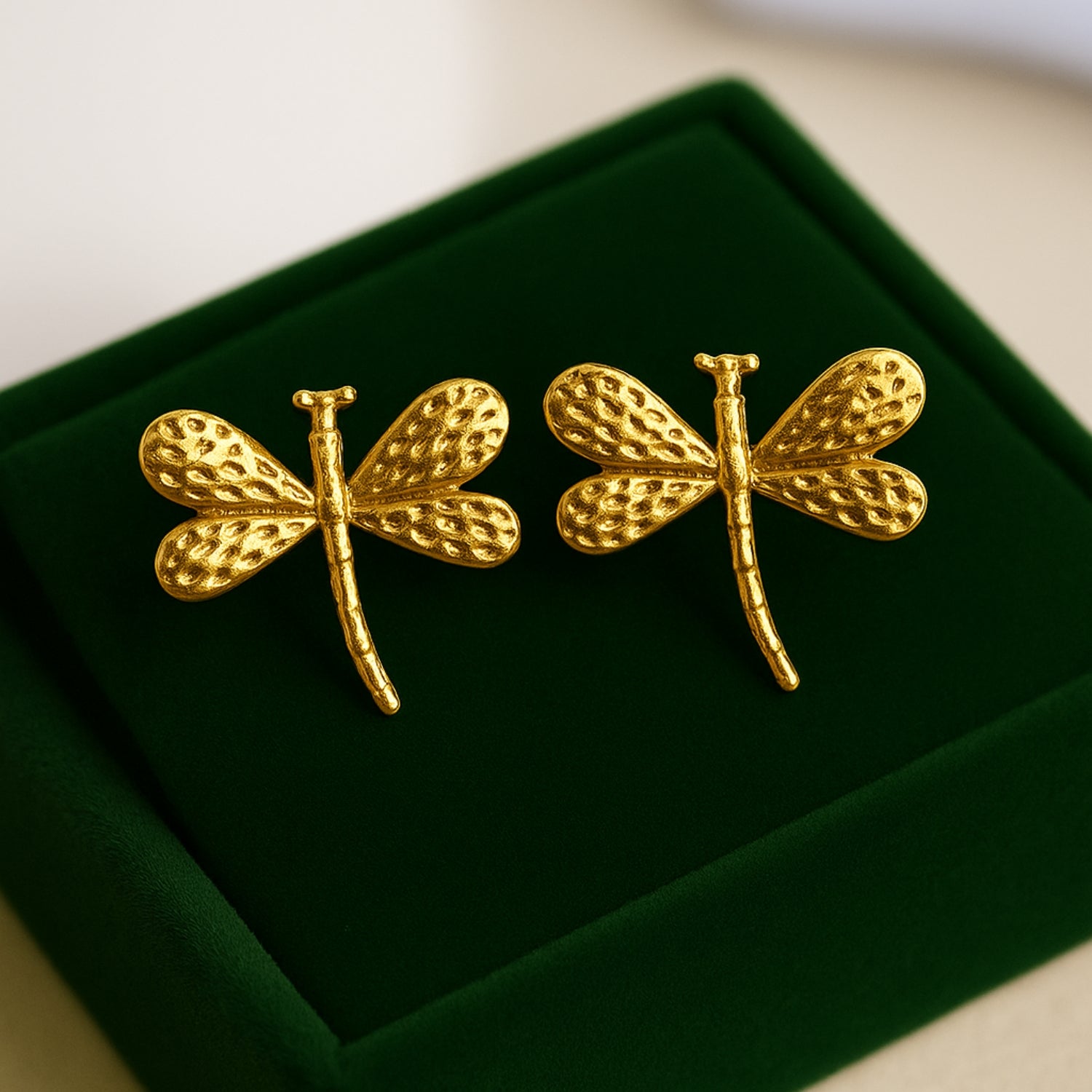 Women’s Textured Dragonfly Stud Earrings – Gold-Tone Wing Detail, Lightweight Statement Studs with Push-Back for Daily, Party & Festive Wear (Pair)
