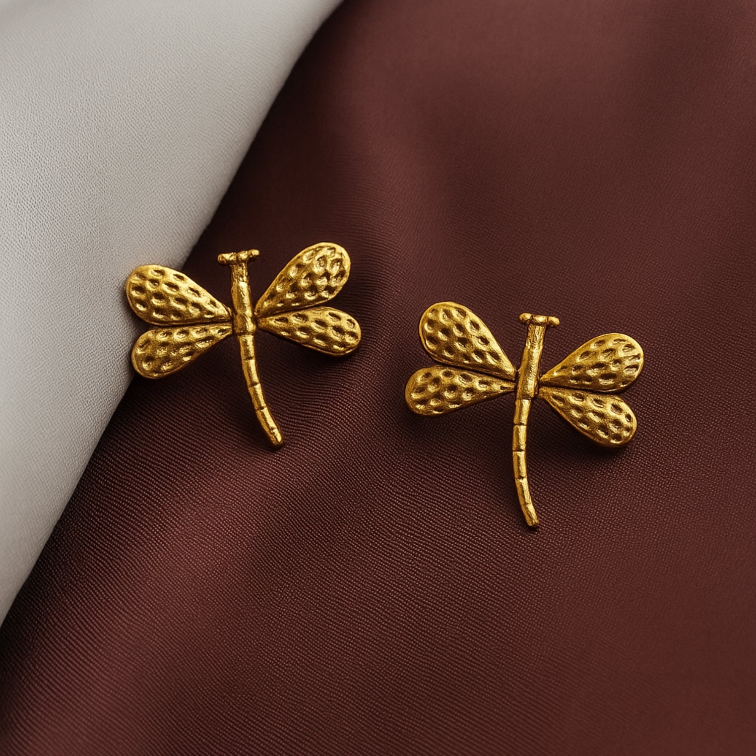 Women’s Textured Dragonfly Stud Earrings – Gold-Tone Wing Detail, Lightweight Statement Studs with Push-Back for Daily, Party & Festive Wear (Pair)