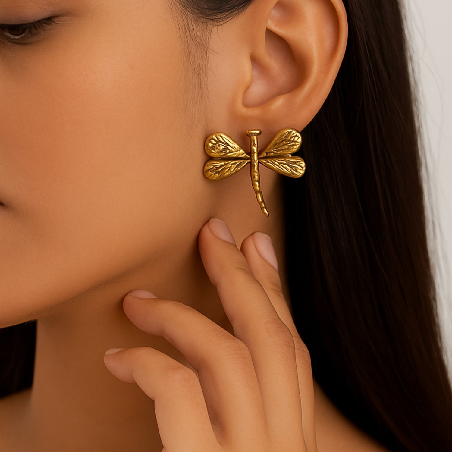 Women’s Textured Dragonfly Stud Earrings – Gold-Tone Wing Detail, Lightweight Statement Studs with Push-Back for Daily, Party & Festive Wear (Pair)