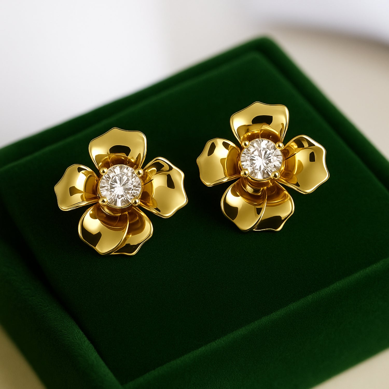 Women’s 3D Bloom Flower Stud Earrings – Gold-Tone Sculpted Petals with Sparkling Oval Crystal Center, Lightweight Statement Studs with Push-Back (Pair)