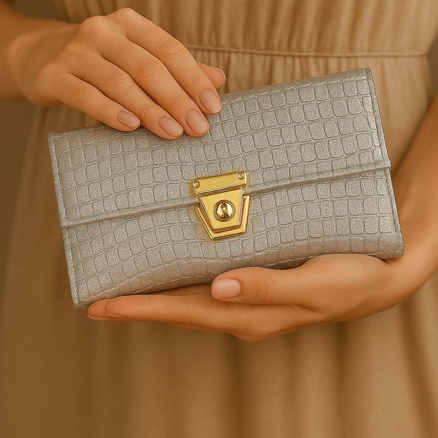 Croc-Textured Clutch – Elegant Evening Purse with Metallic Lock