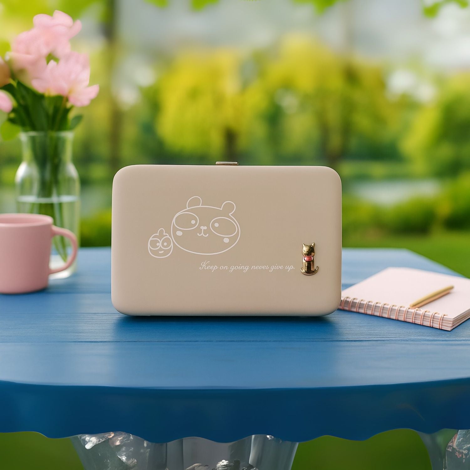 Women’s PU Leather Clutch Wallet with Phone Holder, Card Slots & ID Window – Cartoon Print, Metal Frame, Snap Closure – Stylish Hand Purse for Girls/Ladies (Beige/Pink)