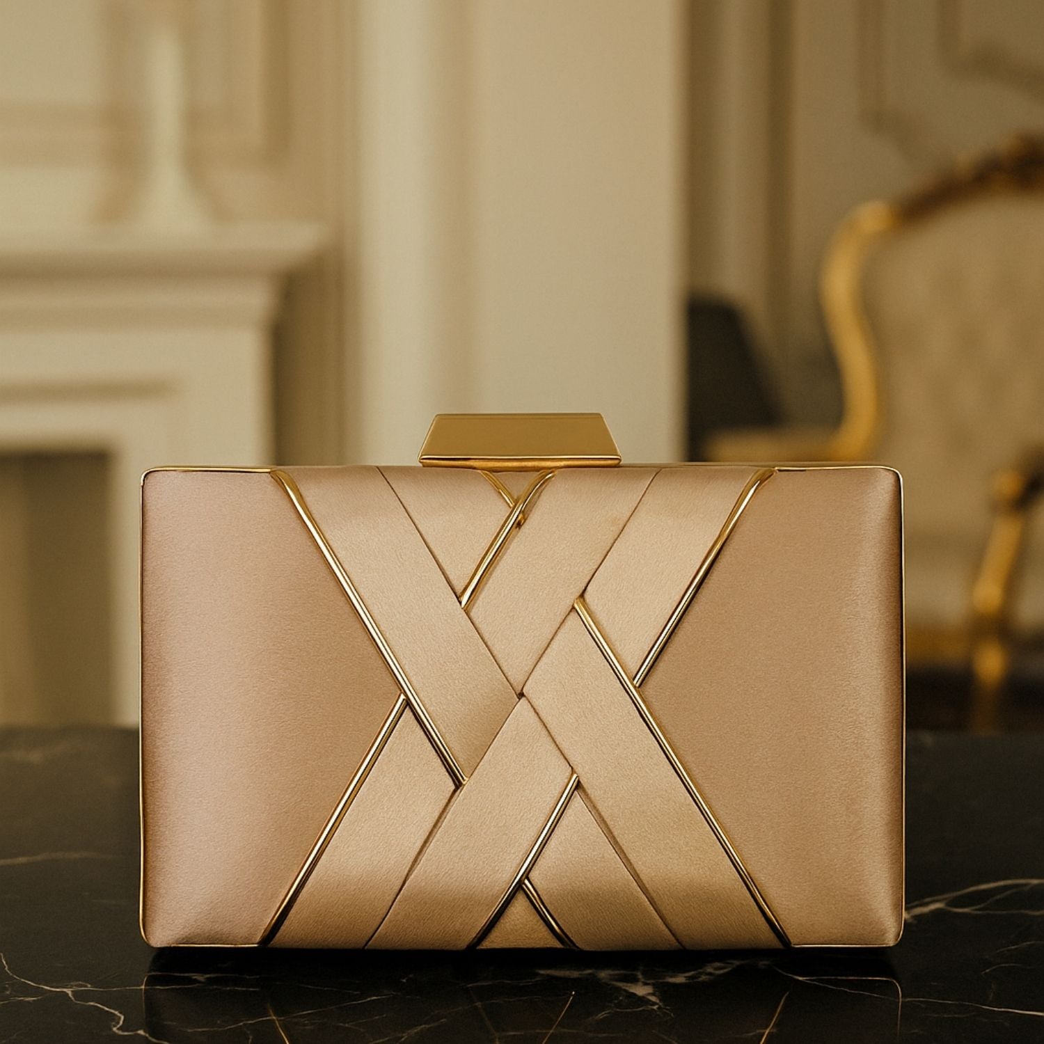Champagne Satin Criss-Cross Evening Clutch – Sophisticated Handbag for Women