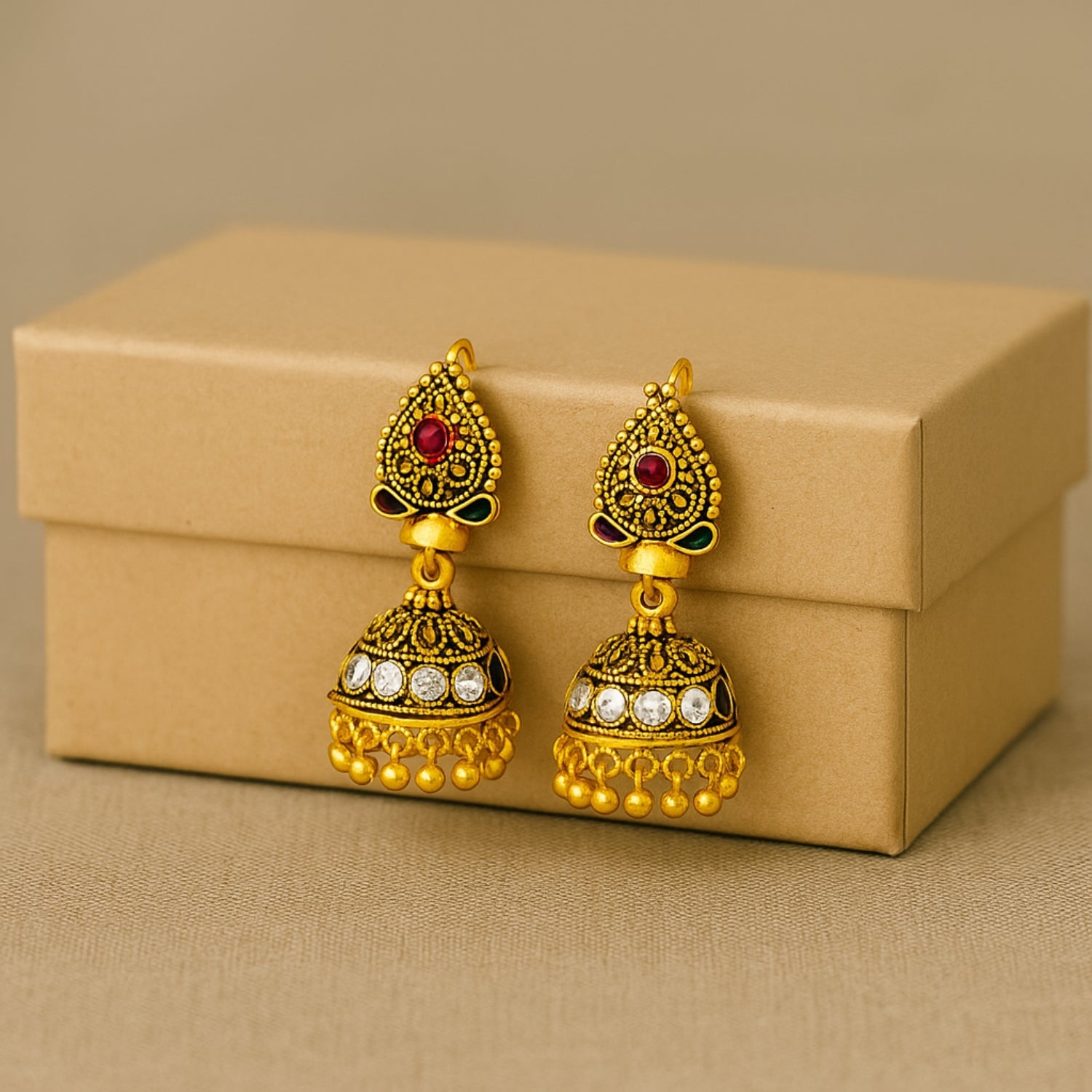 Traditional Golden (Mini) Jhumka Earrings for Women & Girls | Antique Temple Design With Red & Green Stones | Festive Wedding Ethnic Indian Jewellery | Anti-Tarnish