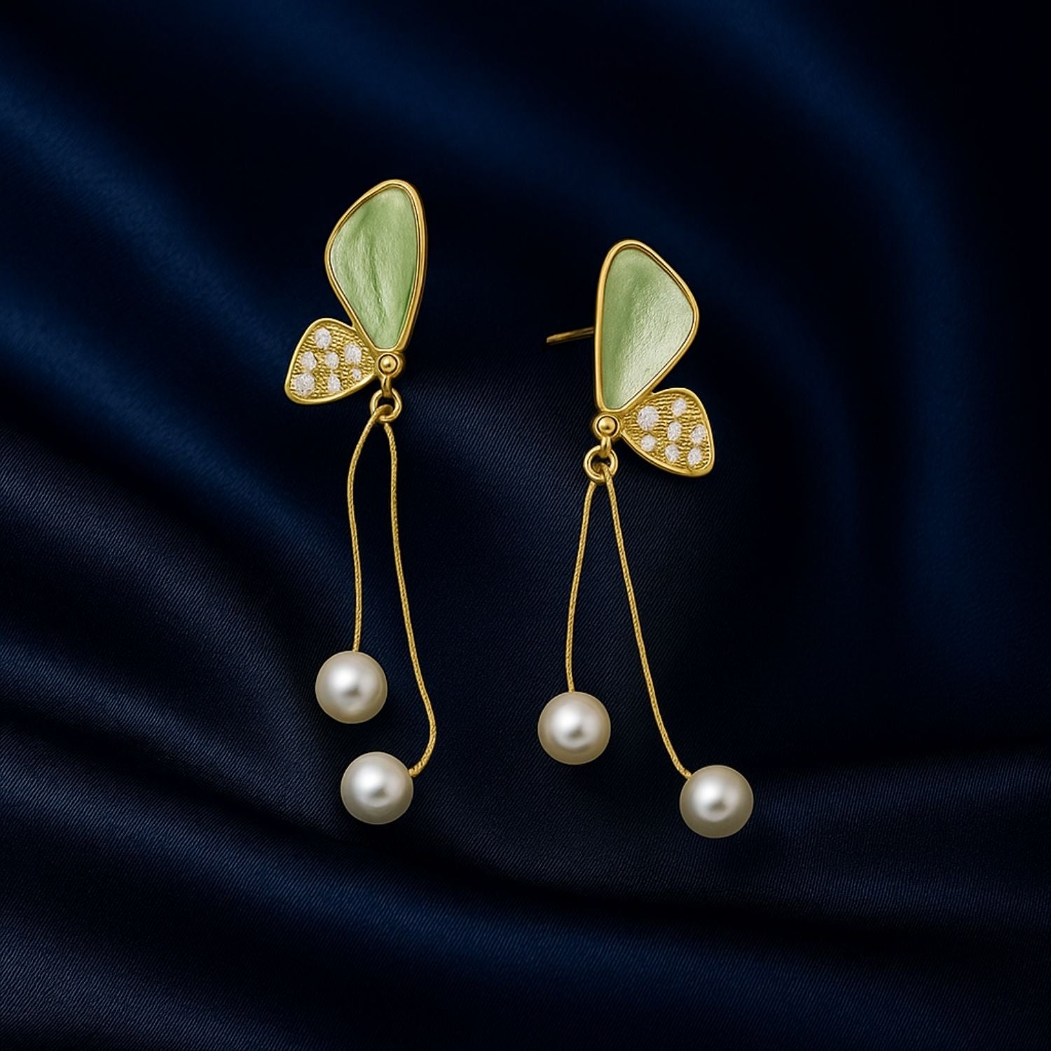 Butterfly Pearl Drop Earrings – Green Enamel & Crystal Dangling Earrings for Women & Girls