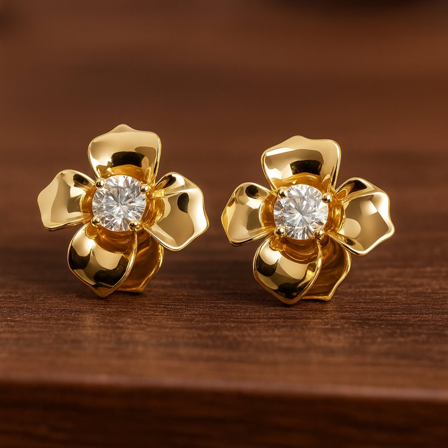 Women’s 3D Bloom Flower Stud Earrings – Gold-Tone Sculpted Petals with Sparkling Oval Crystal Center, Lightweight Statement Studs with Push-Back (Pair)