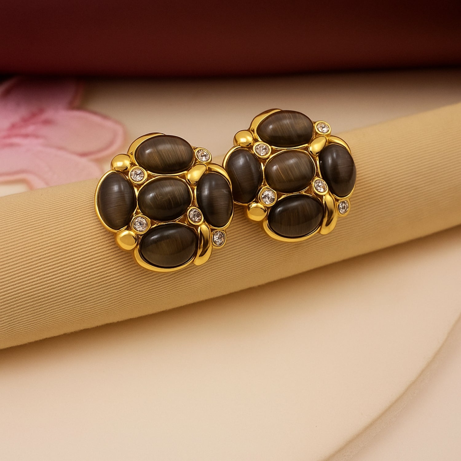 Women’s Blush Cat-Eye Cluster Stud Earrings – Gold-Tone Floral Round Studs with Pink Cabochons & Sparkle Crystals, Lightweight Push-Back (Pair)