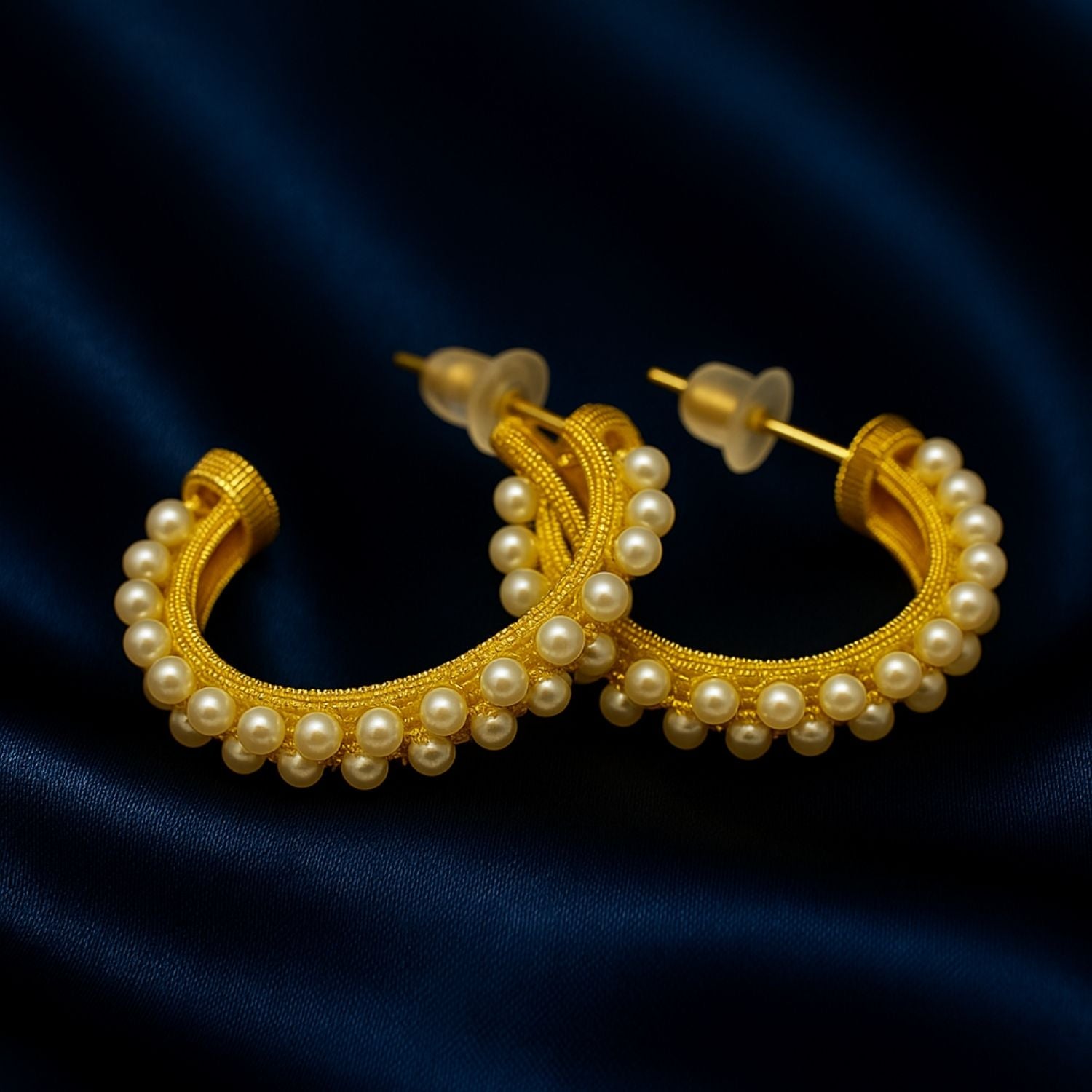 Gold-Plated Pearl Hoop Earrings – Ethnic Traditional Half-Hoops for Women & Girls