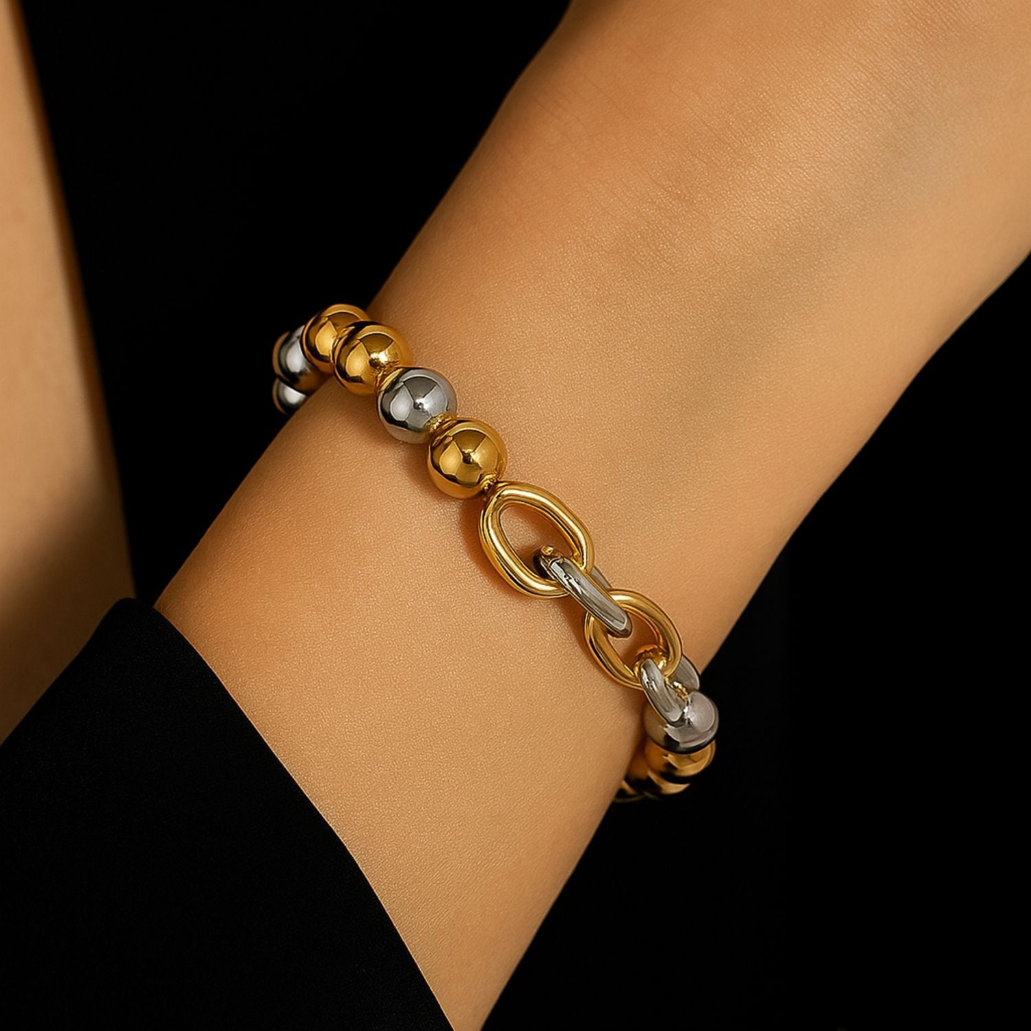 Dual-Tone Beaded Chain Bracelet – Lightweight Gold & Silver Bracelet for Women & Girls