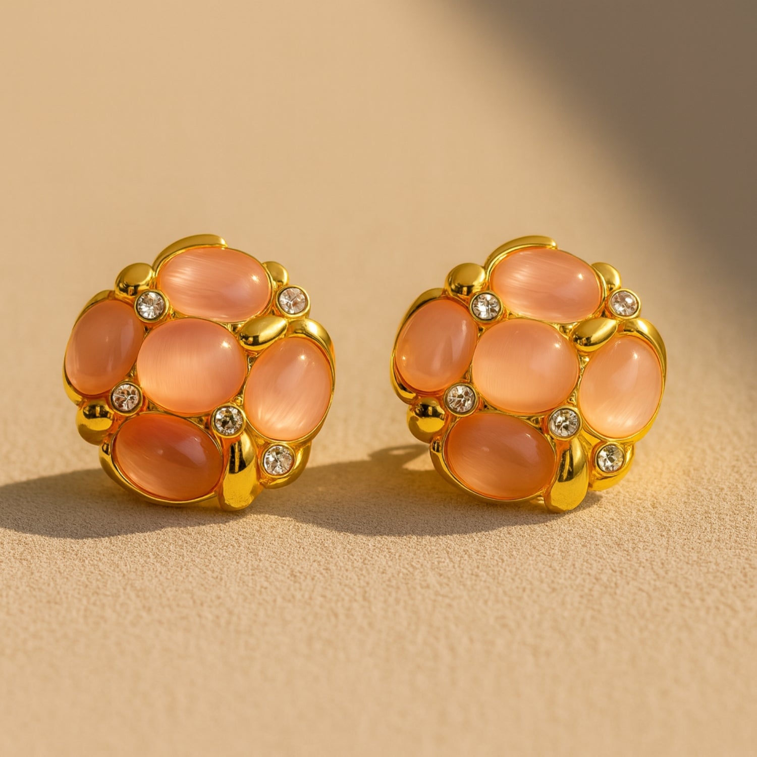 Women’s Blush Cat-Eye Cluster Stud Earrings – Gold-Tone Floral Round Studs with Pink Cabochons & Sparkle Crystals, Lightweight Push-Back (Pair)