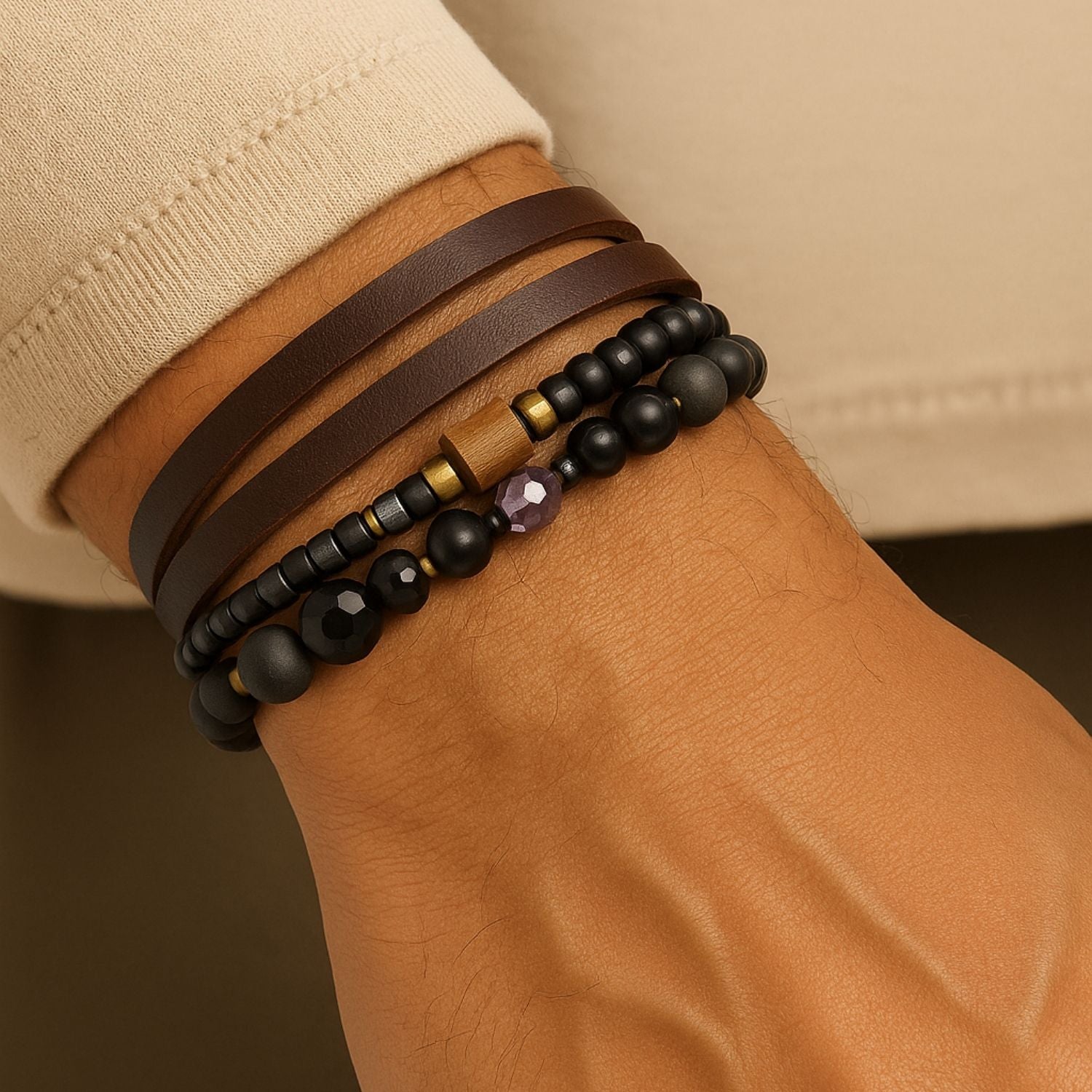 Premium Men's Multi-Layer Beaded & Leather Bracelet – Black, Brown & Wood-Tone Stack for Boys & Men