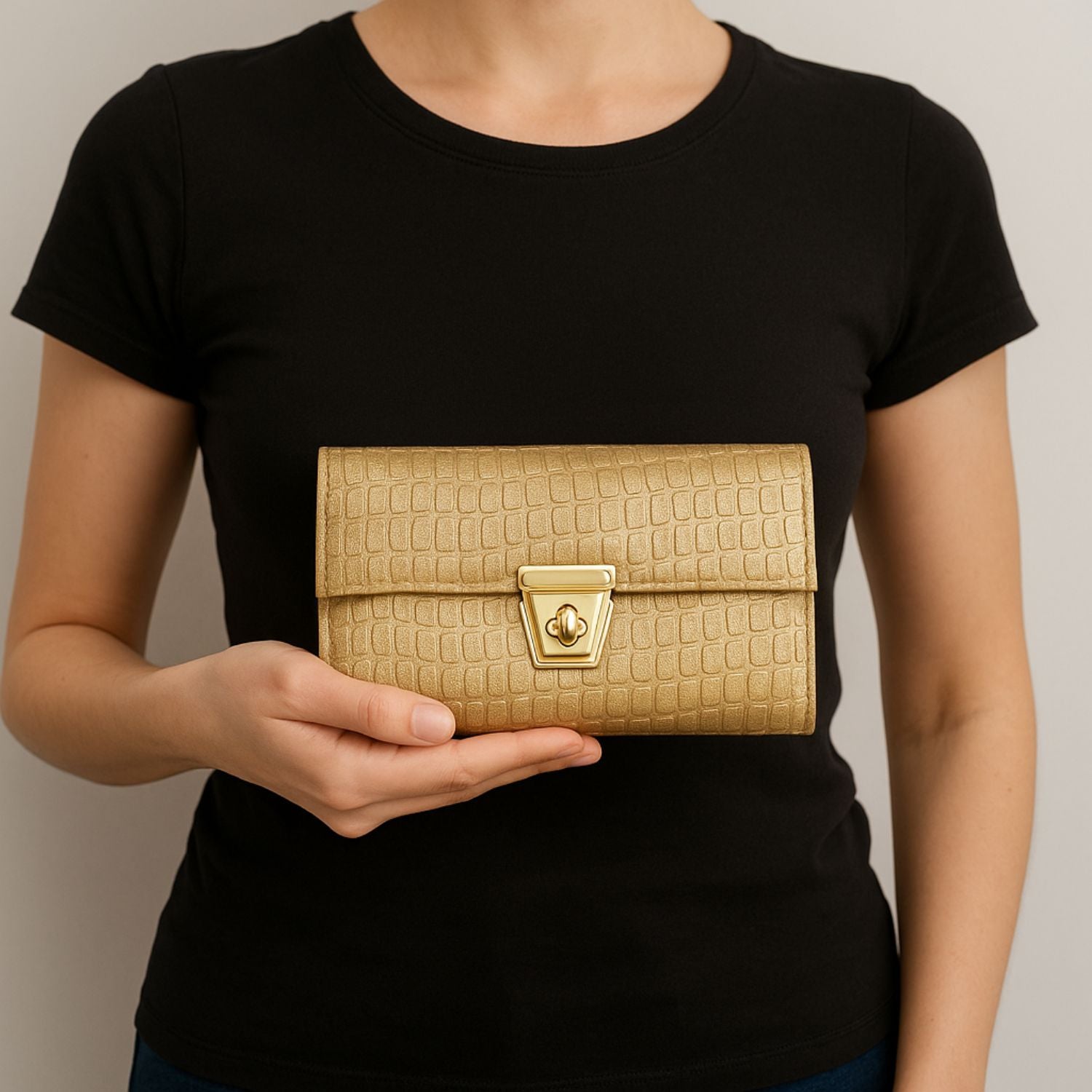 Croc-Textured Clutch – Elegant Evening Purse with Metallic Lock