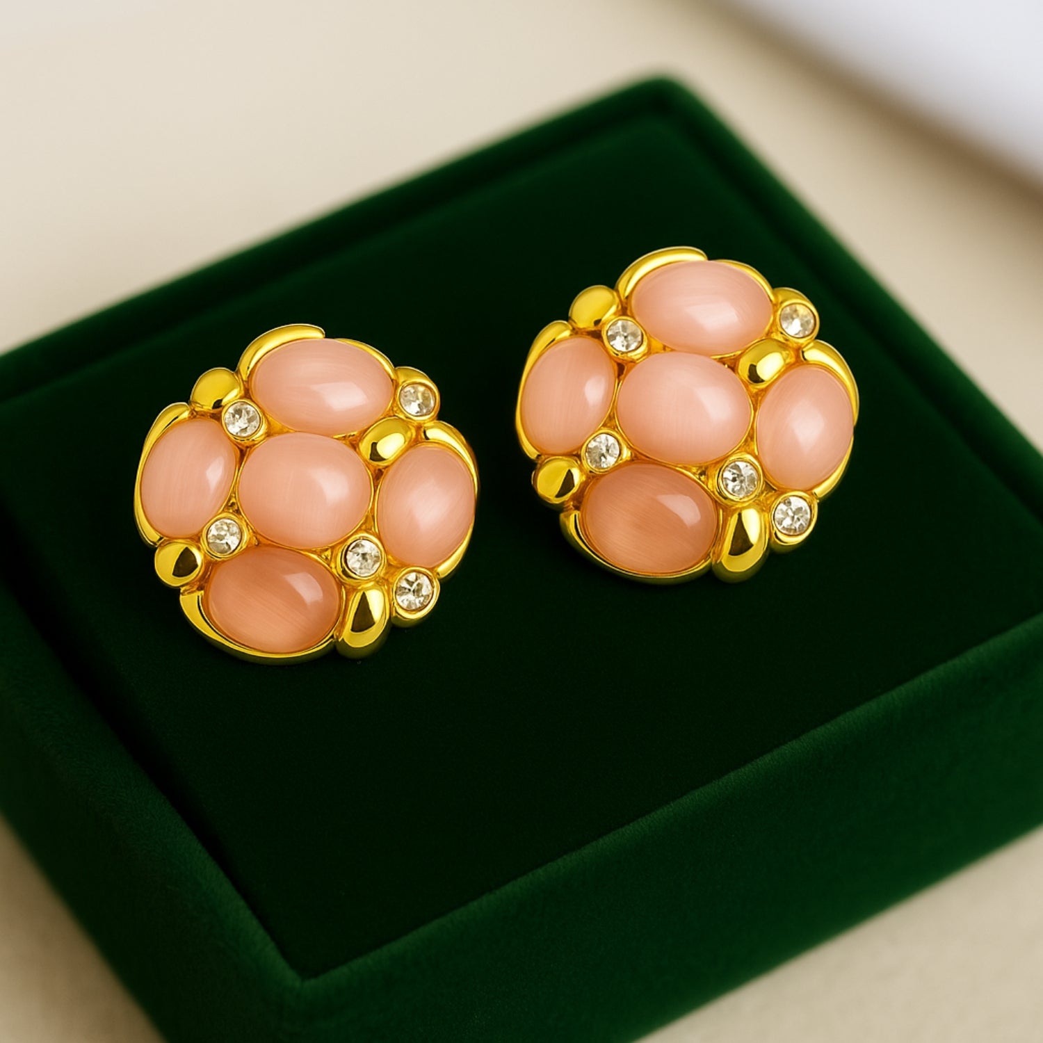 Women’s Blush Cat-Eye Cluster Stud Earrings – Gold-Tone Floral Round Studs with Pink Cabochons & Sparkle Crystals, Lightweight Push-Back (Pair)