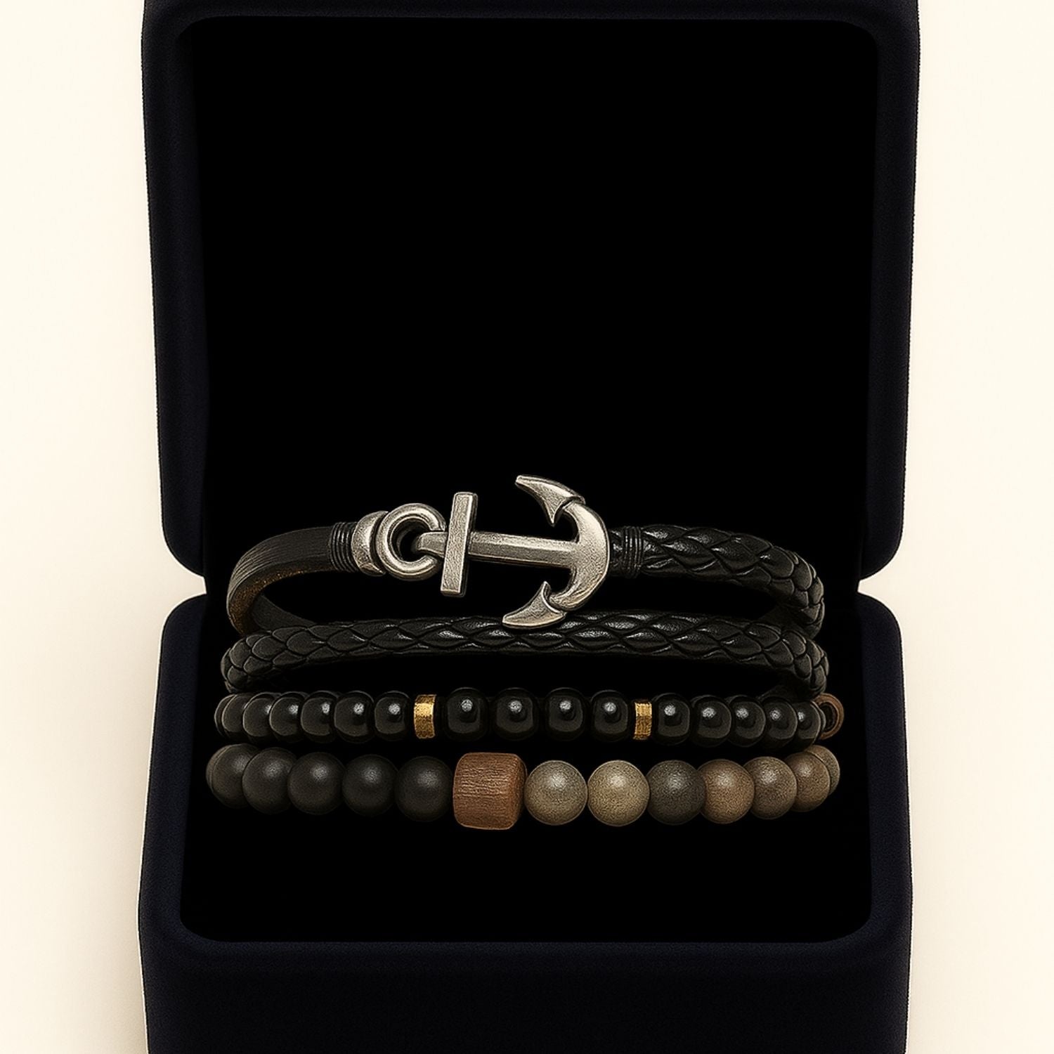 Premium Men's Anchor Charm Bracelet Stack – Black Leather & Beaded Nautical Wristwear