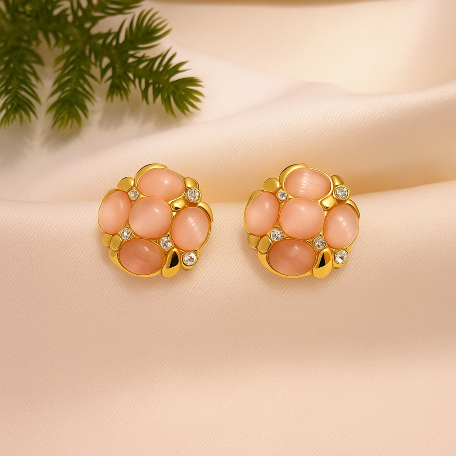Women’s Blush Cat-Eye Cluster Stud Earrings – Gold-Tone Floral Round Studs with Pink Cabochons & Sparkle Crystals, Lightweight Push-Back (Pair)