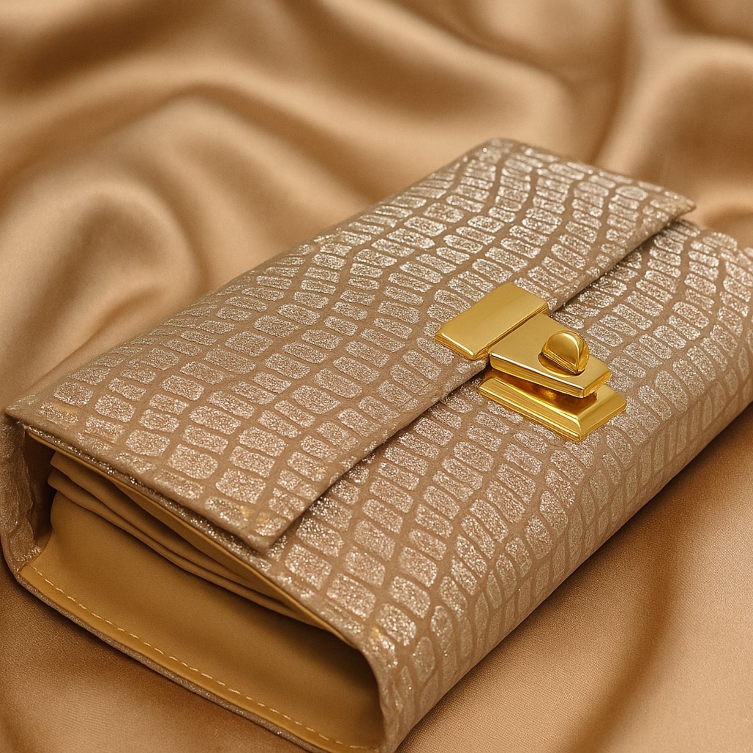 Croc-Textured Clutch – Elegant Evening Purse with Metallic Lock
