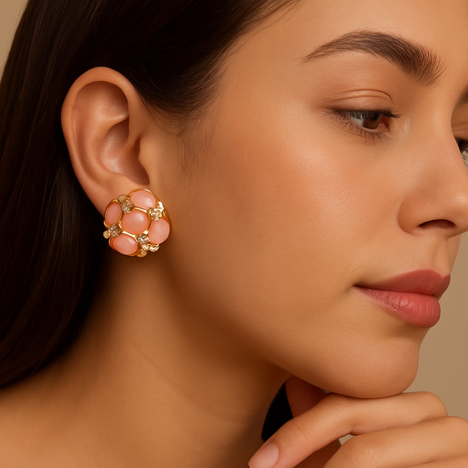 Women’s Blush Cat-Eye Cluster Stud Earrings – Gold-Tone Floral Round Studs with Pink Cabochons & Sparkle Crystals, Lightweight Push-Back (Pair)