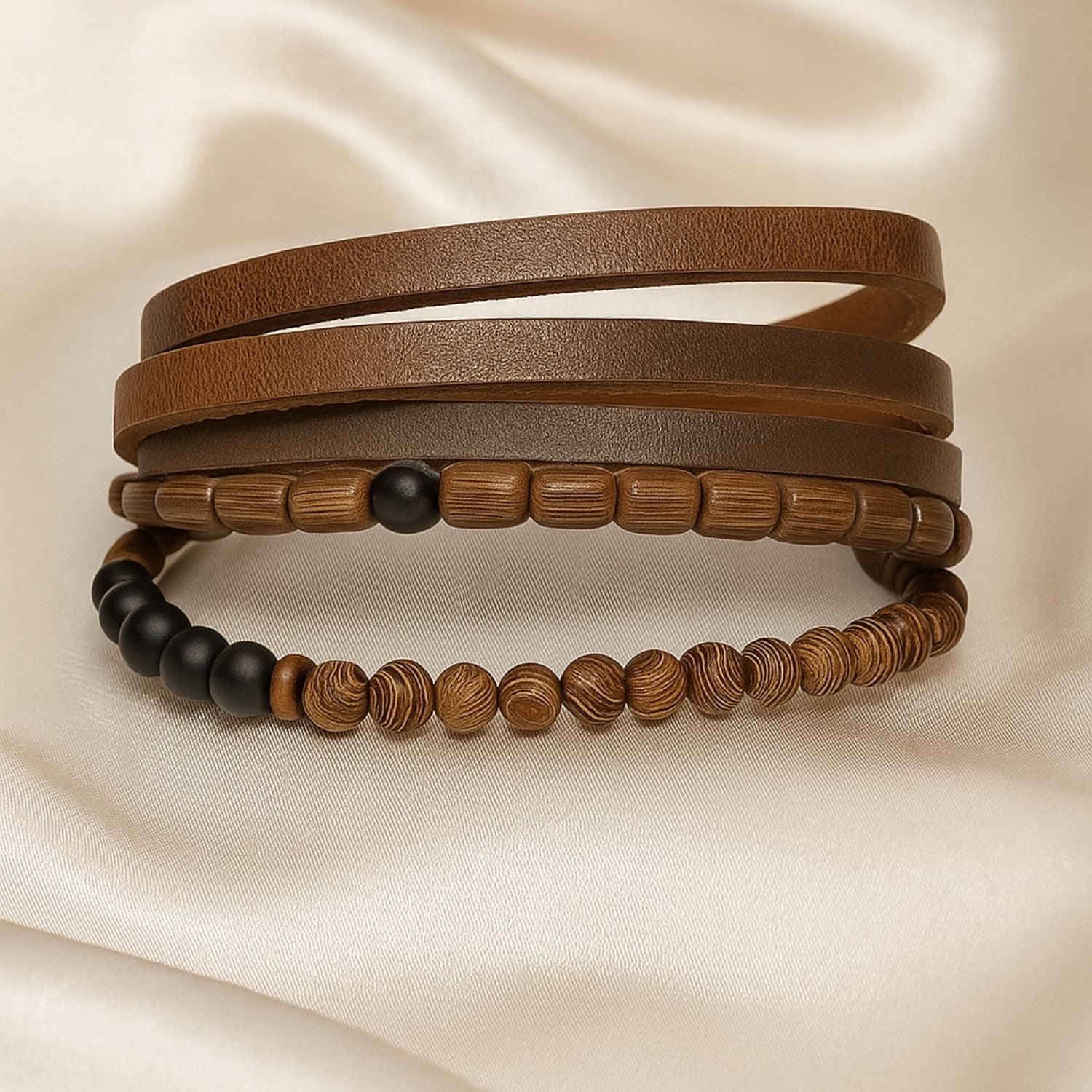 Premium Men’s Rustic Wooden Bead & Leather Bracelet Set – Multi-Layer Brown Stack