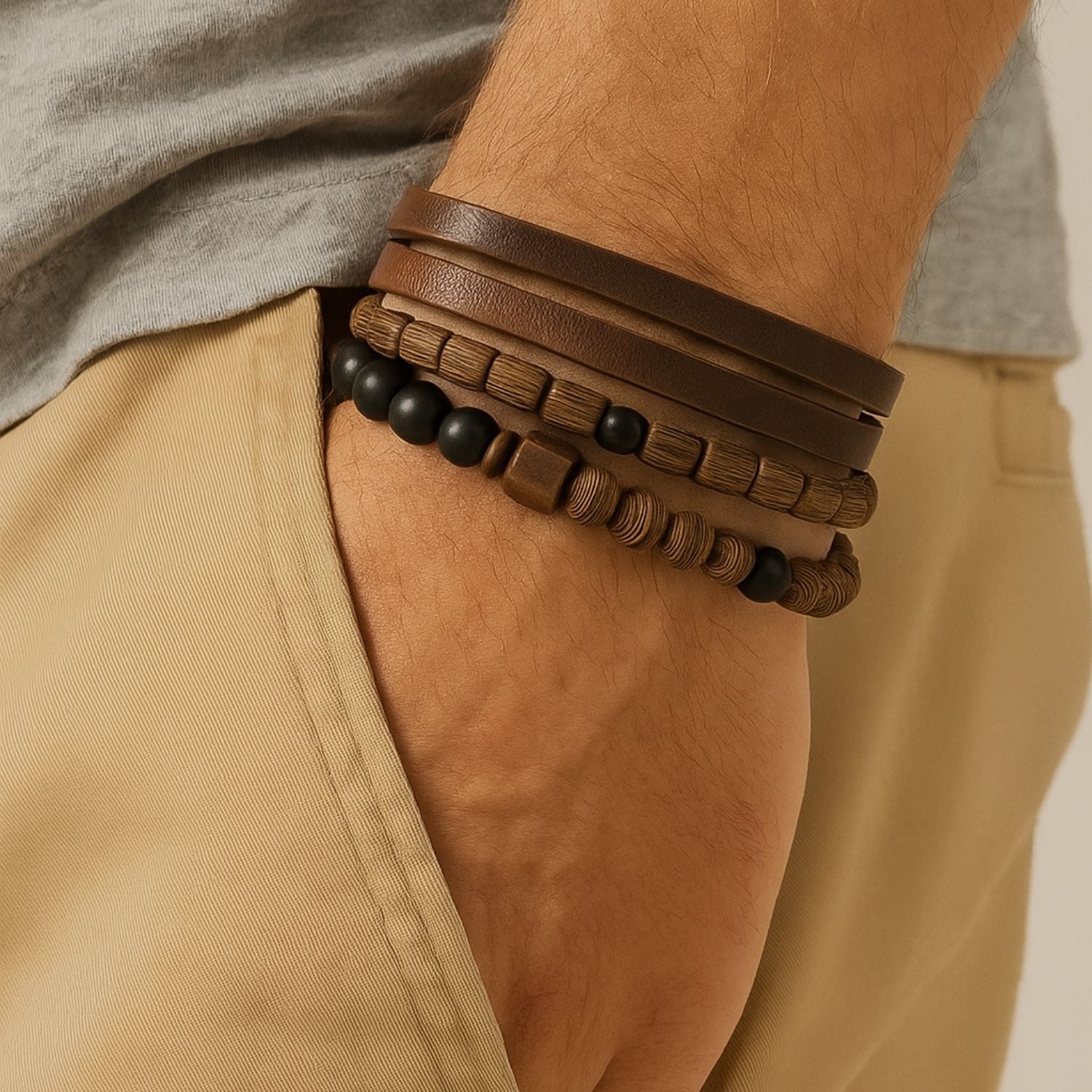 Premium Men’s Rustic Wooden Bead & Leather Bracelet Set – Multi-Layer Brown Stack