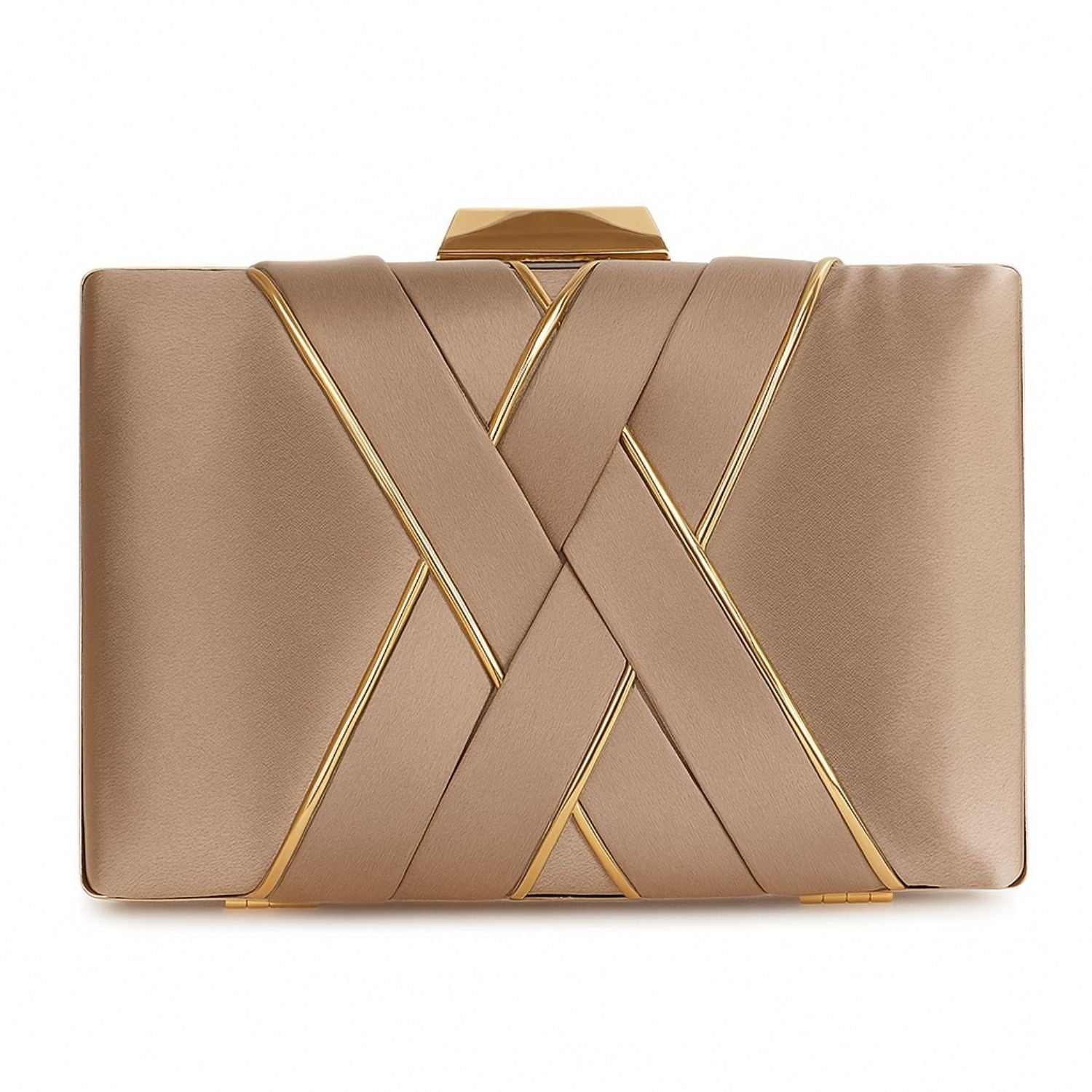 Champagne Satin Criss-Cross Evening Clutch – Sophisticated Handbag for Women