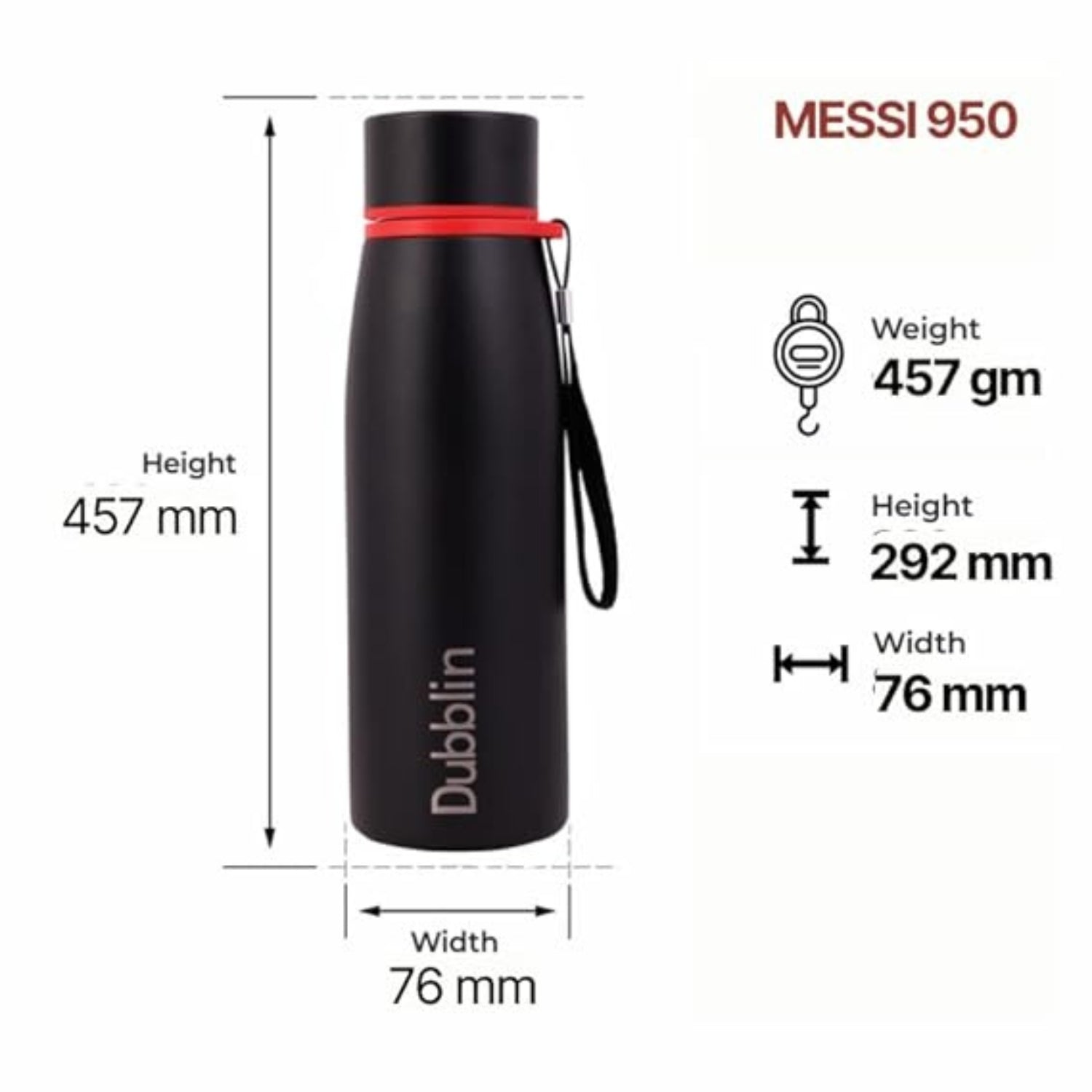 Dubblin Messi Premium Stainless Steel Double Wall Vacuum Insulated BPA Free Water Bottle, Sports Thermos Flask Keeps Hot 12 Hours, Cold 24 Hours(Black,650 ml)