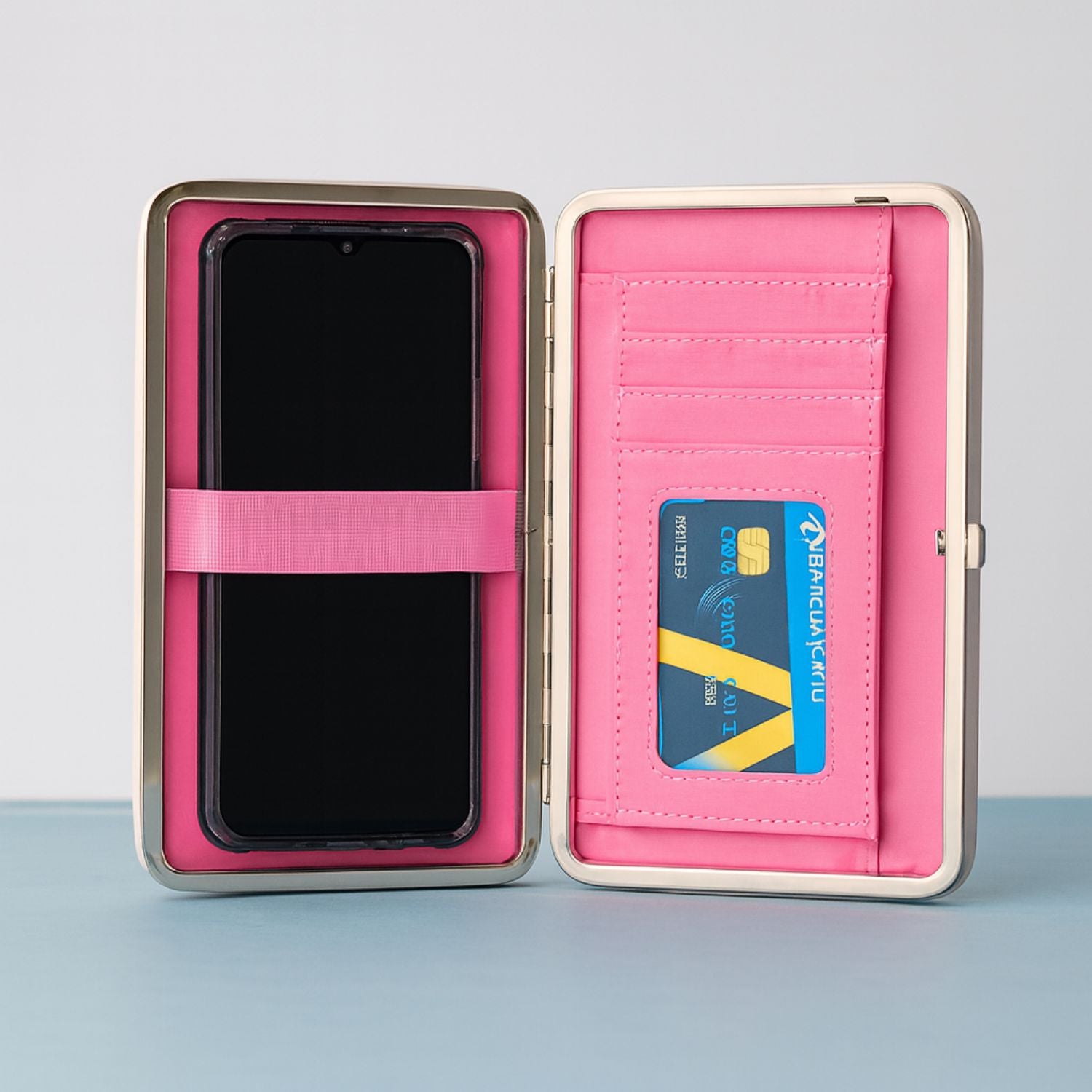 Women’s PU Leather Clutch Wallet with Phone Holder, Card Slots & ID Window – Cartoon Print, Metal Frame, Snap Closure – Stylish Hand Purse for Girls/Ladies (Beige/Pink)