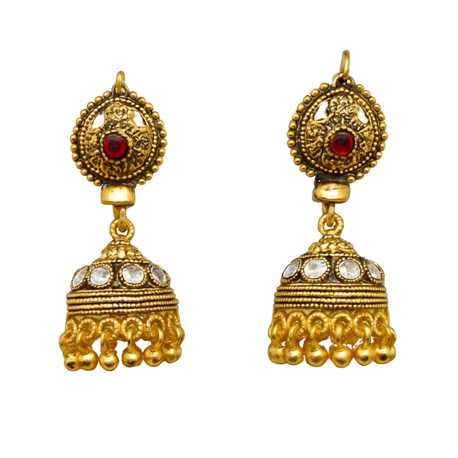 Traditional Antique Golden (Mini) Jhumka Earrings for Women & Girls | Red Stone Temple Design | Bridal & Festive Indian Jewellery | Lightweight