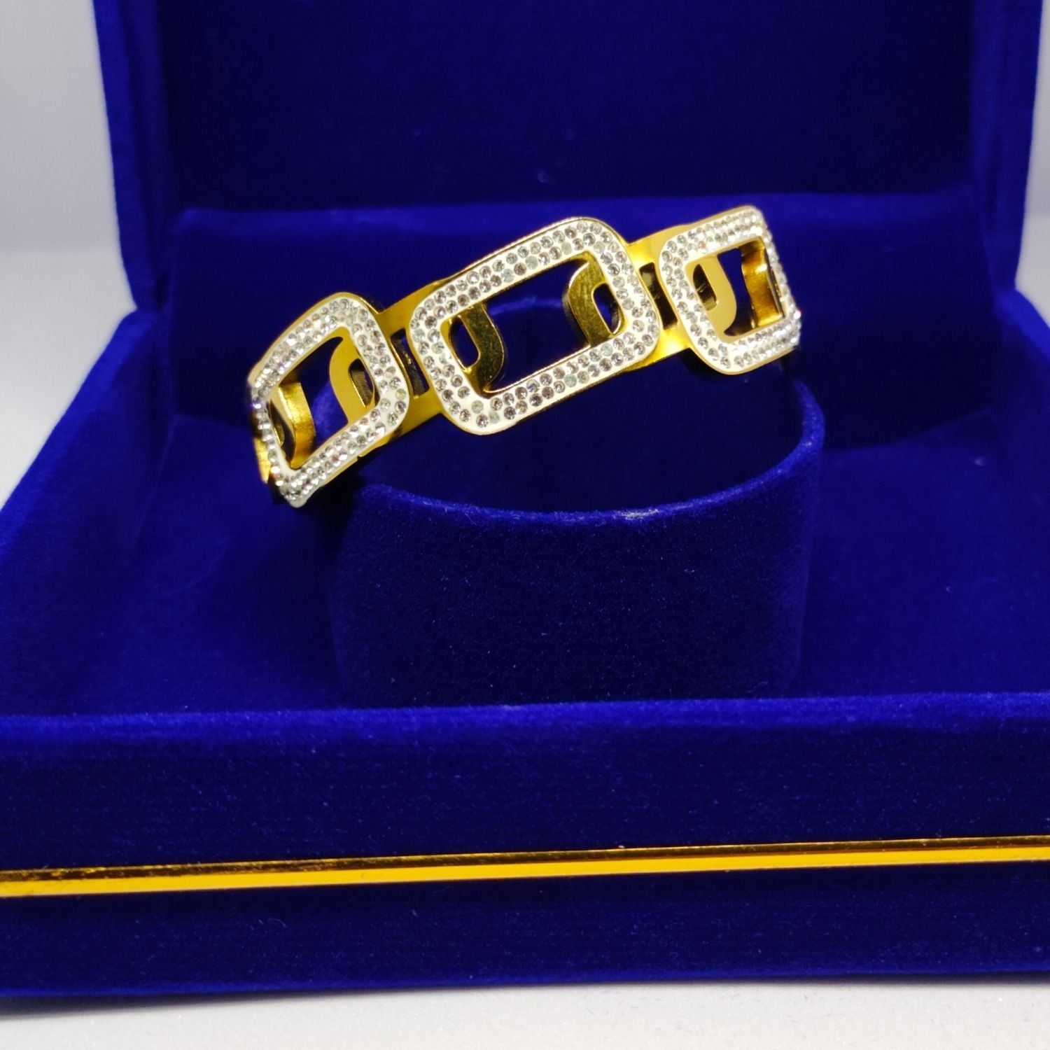 Bold Gold Geometric Crystal Bracelet – Statement Cutout Bangle for Women & Girls