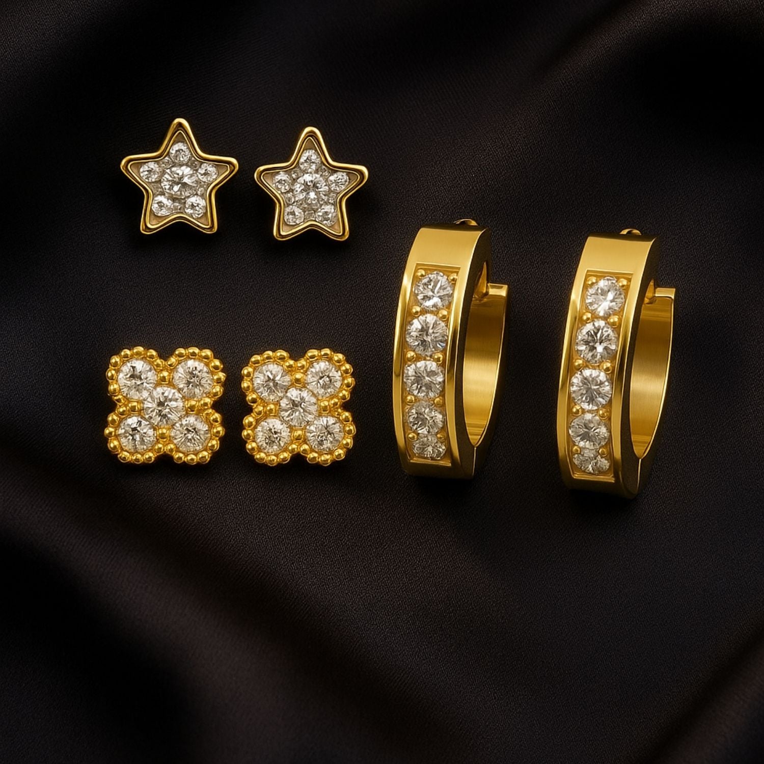 Gold Crystal Stud & Hoop Earring Combo – 3 Pairs of Sparkling Earrings for Women & Girls