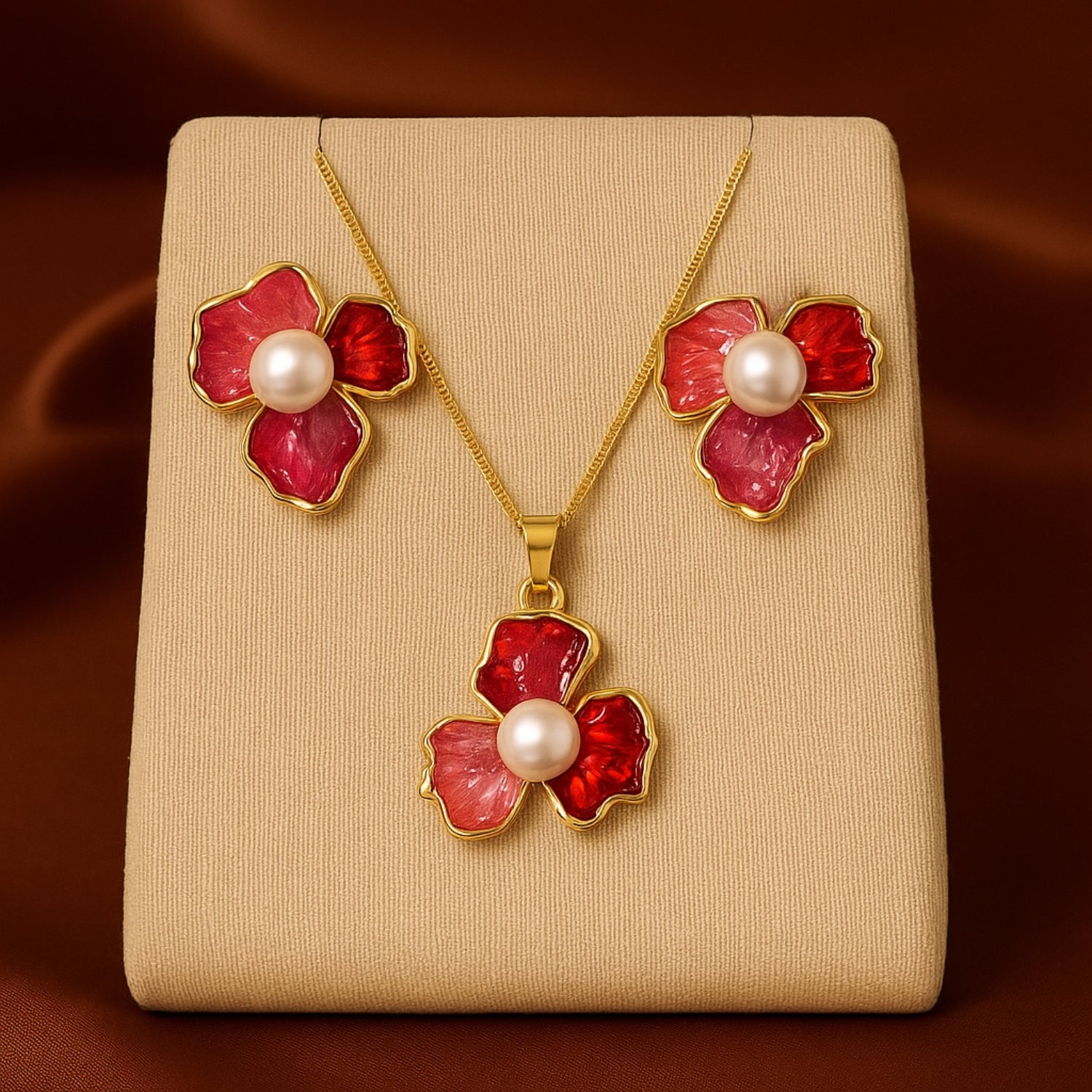 Floral Pearl Necklace & Earrings Set (Gold-Tone, Red/Pink)