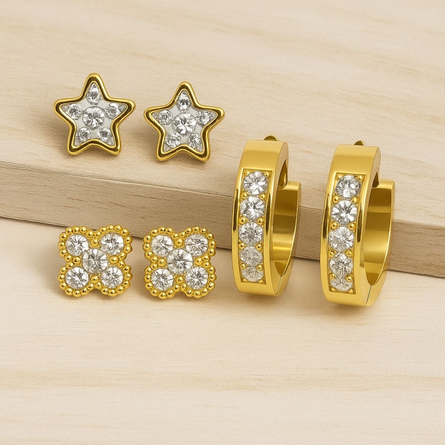 Gold Crystal Stud & Hoop Earring Combo – 3 Pairs of Sparkling Earrings for Women & Girls