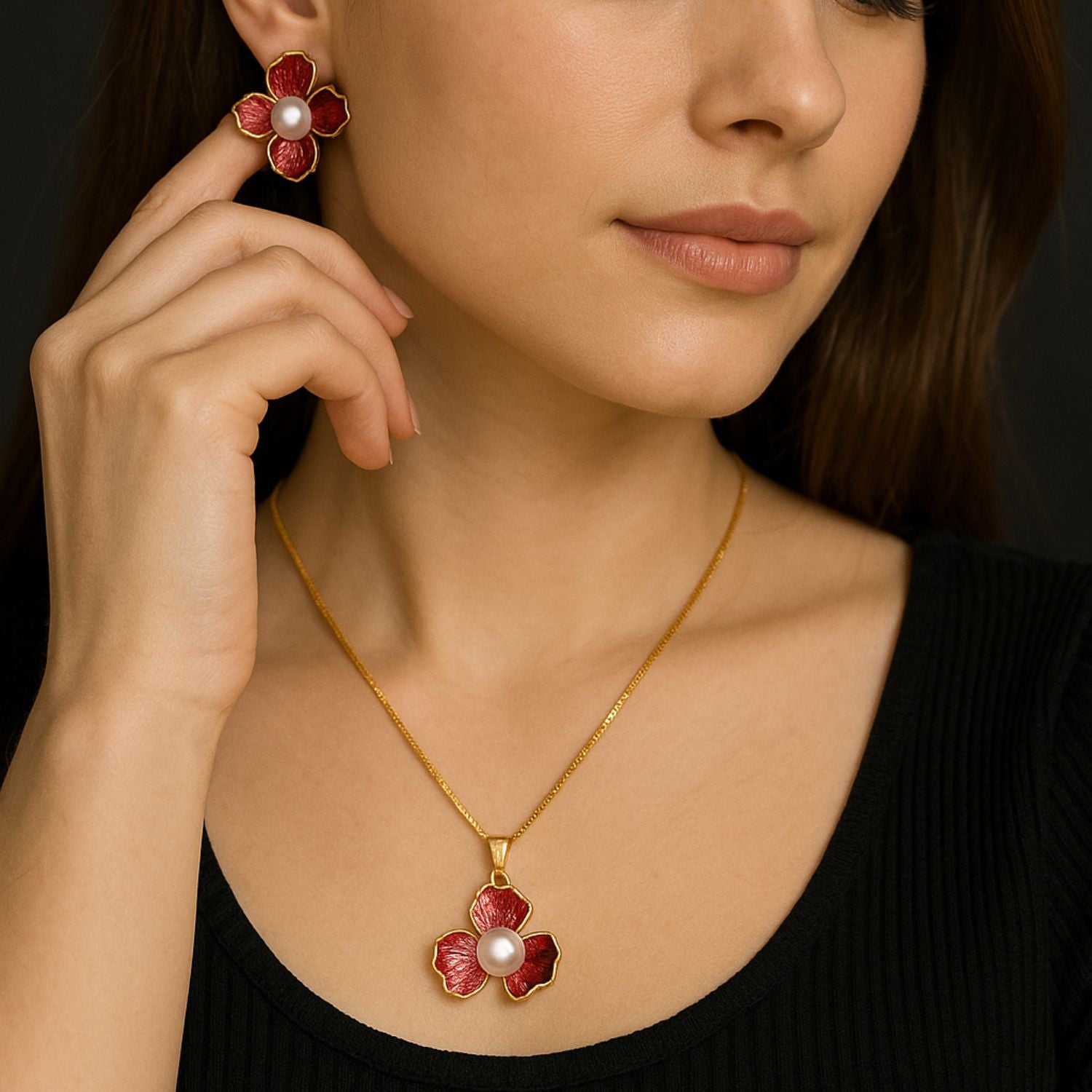 Floral Pearl Necklace & Earrings Set (Gold-Tone, Red/Pink)